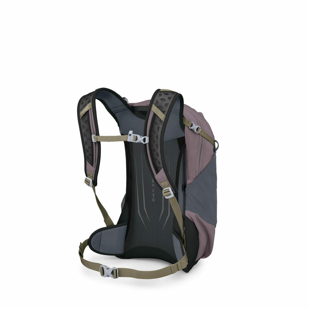 The image displays a backpack from the rear view, showcasing its shoulder straps and back panel. The backpack features a combination of earthy colors such as muted pink, gray, and olive green. It has adjustable straps with buckle closures at the chest and