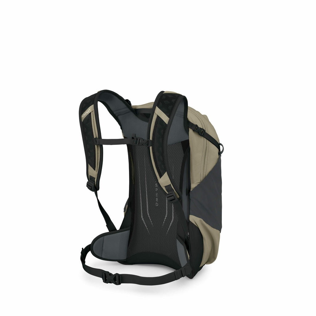The image depicts a backpack, specifically focusing on its back and strap side. The backpack features a design with adjustable shoulder and waist straps, likely intended for enhanced comfort and fit during use. The backpack material appears to be made of