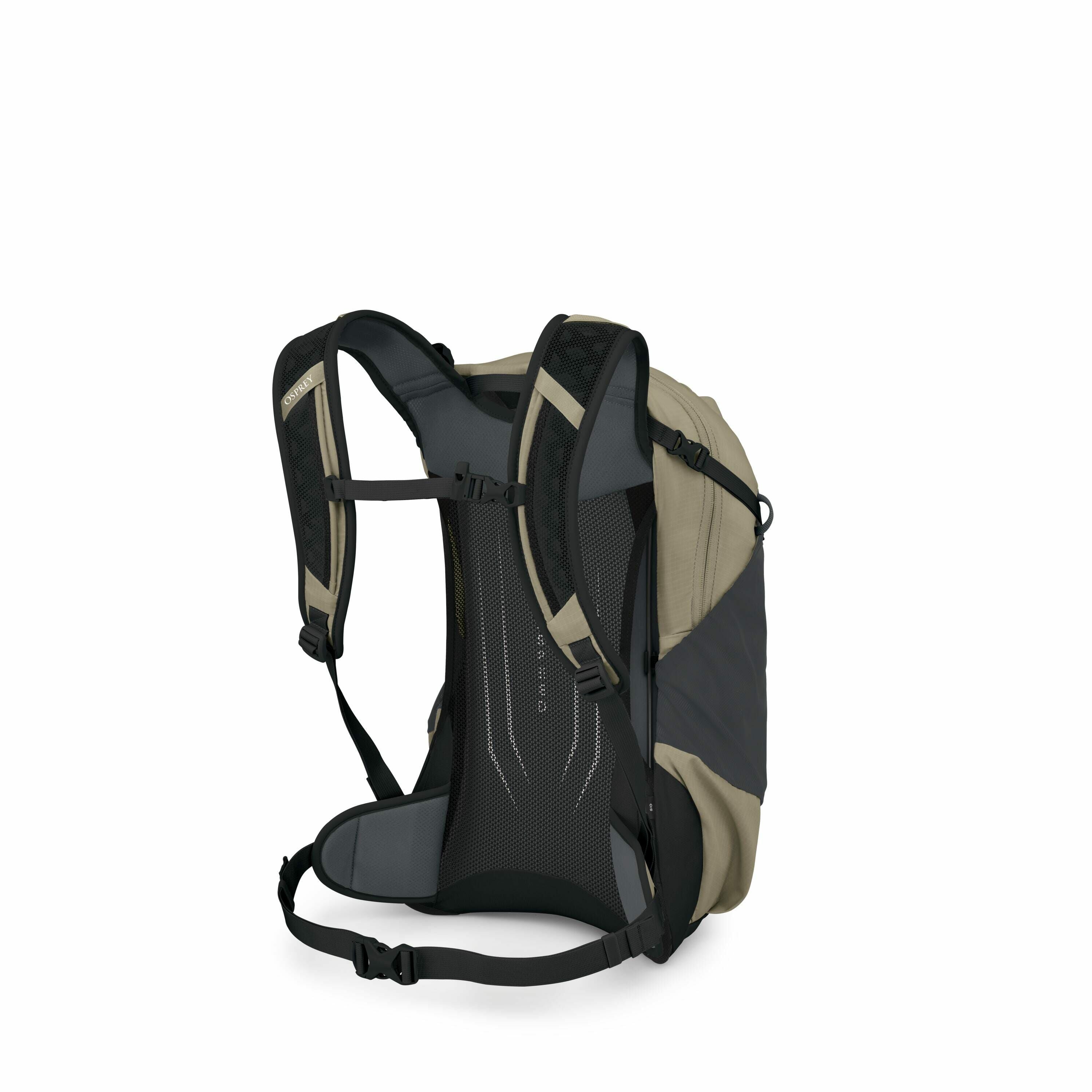 The image depicts a backpack, specifically focusing on its back and strap side. The backpack features a design with adjustable shoulder and waist straps, likely intended for enhanced comfort and fit during use. The backpack material appears to be made of
