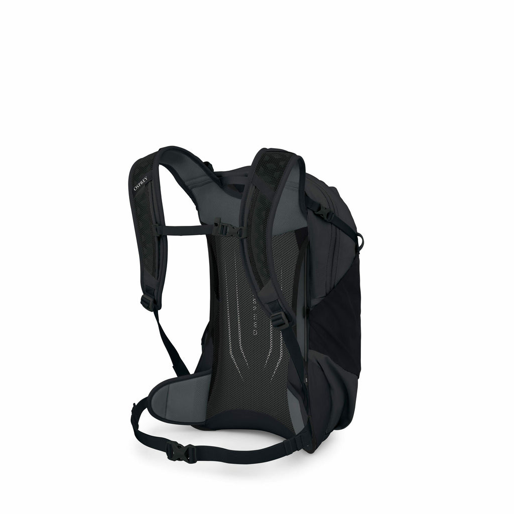 The image depicts the back view of an Osprey backpack, showcasing its ergonomic design and features. It has padded shoulder straps and a waist strap for added support and comfort. The back panel is designed to enhance airflow, likely to keep the wearer co