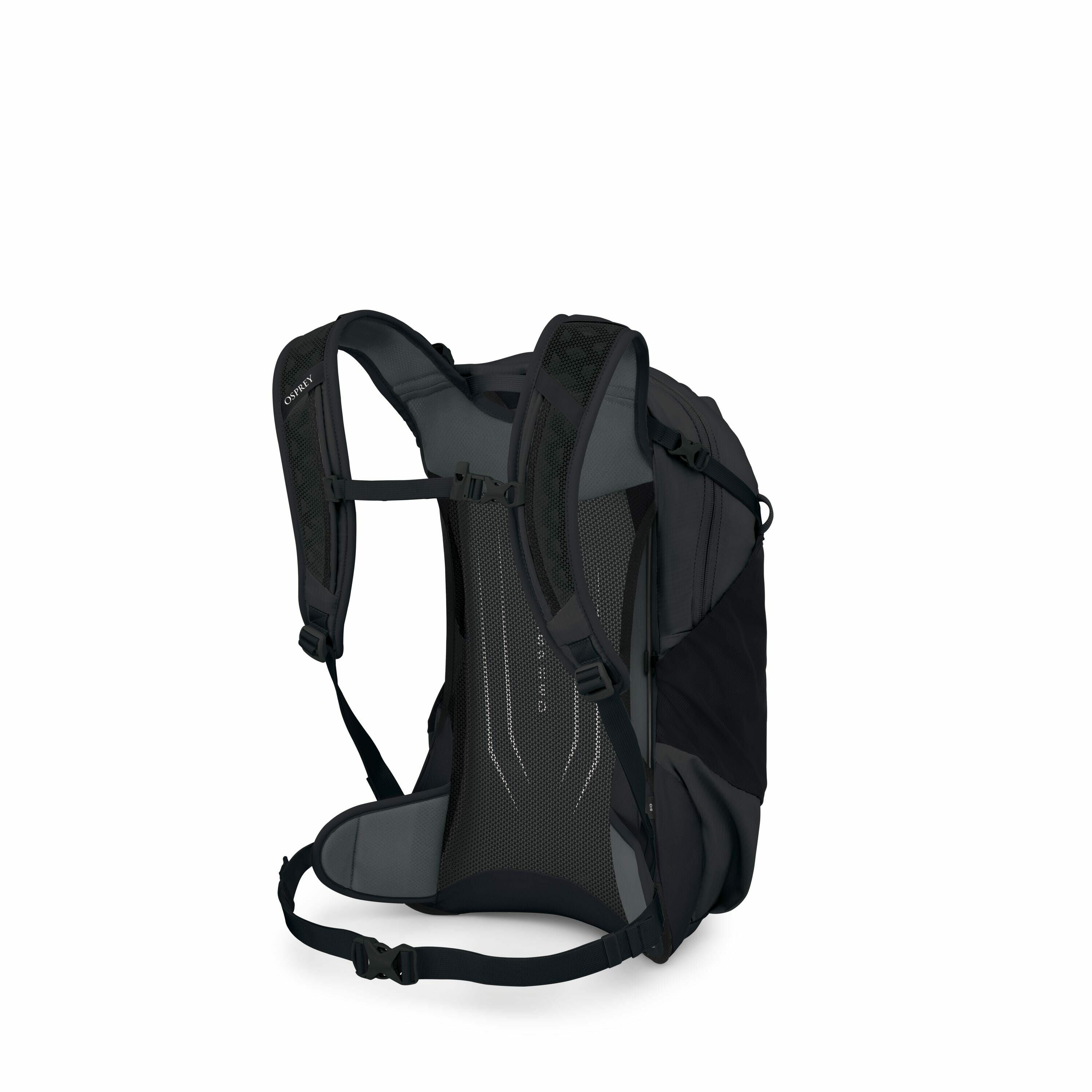 The image depicts the back view of an Osprey backpack, showcasing its ergonomic design and features. It has padded shoulder straps and a waist strap for added support and comfort. The back panel is designed to enhance airflow, likely to keep the wearer co