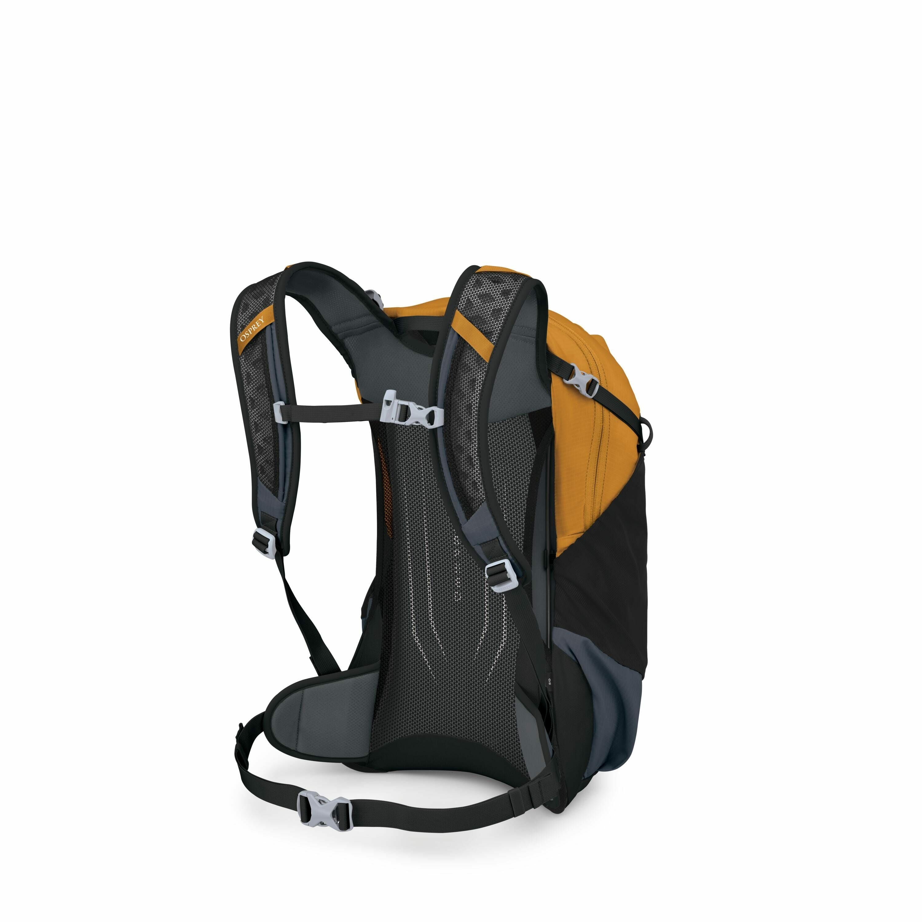 The image shows a sleek and functional backpack designed for outdoor activities. The backpack features a vibrant combination of orange, black, and gray colors. It is equipped with padded shoulder straps and a supportive back panel with mesh for enhanced c