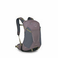 The image depicts a purple and gray Osprey hiking backpack, specifically the Hikelite 18 model. The backpack features an ergonomic design with padded shoulder straps and a hip belt for comfortable weight distribution. There are various attachment points a