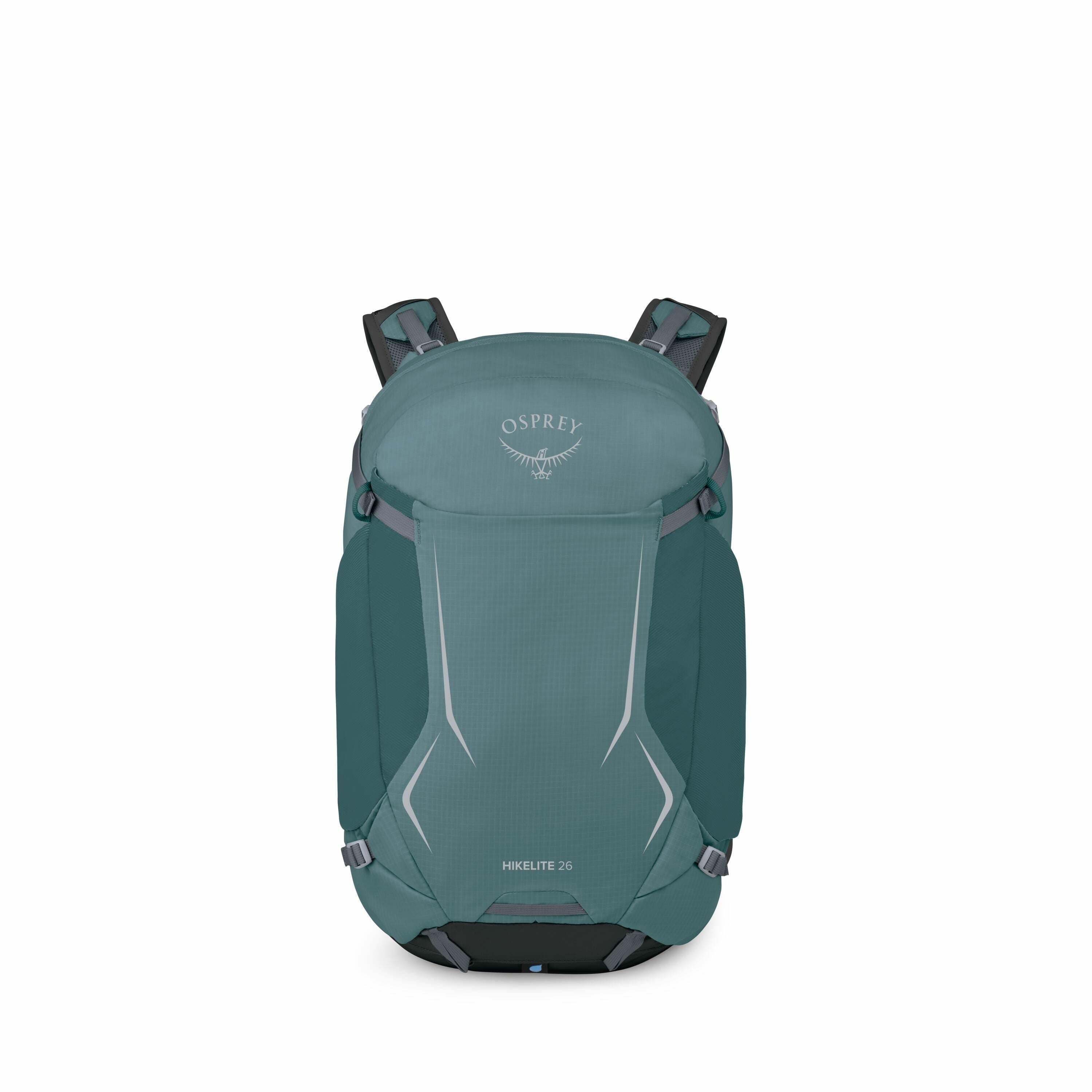 The image displays a green Osprey Hikelite 26 backpack, known for its sleek and functional design. The backpack is shown from the front, highlighting its streamlined shape and the Osprey logo prominently displayed on the top flap. The background is a plai