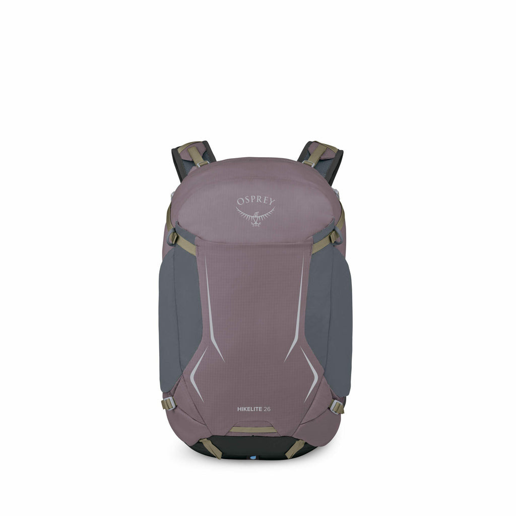The image features a series of 13 views of an Osprey backpack named "Hikelite 26." The backpack is displayed in a purple hue with olive green accents on the straps and fittings. The first image shows a full frontal view of the backpack with the Osprey log
