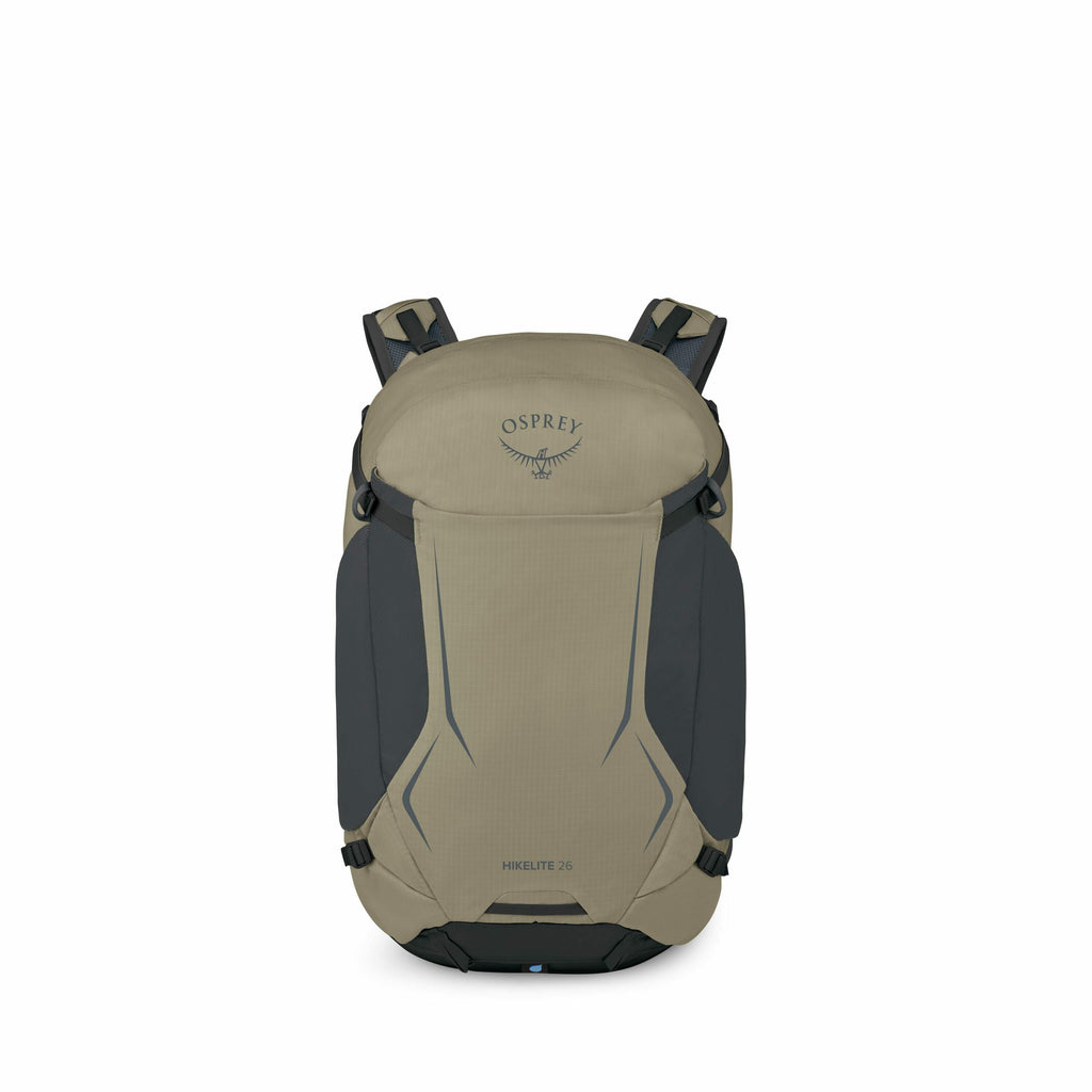 The image depicts a series of Osprey backpacks, specifically the Hikelite 26 model, in various colors and in stages of disassembly. The first two images showcase the fully assembled backpack in a tan and green color, displaying the Osprey logo prominently