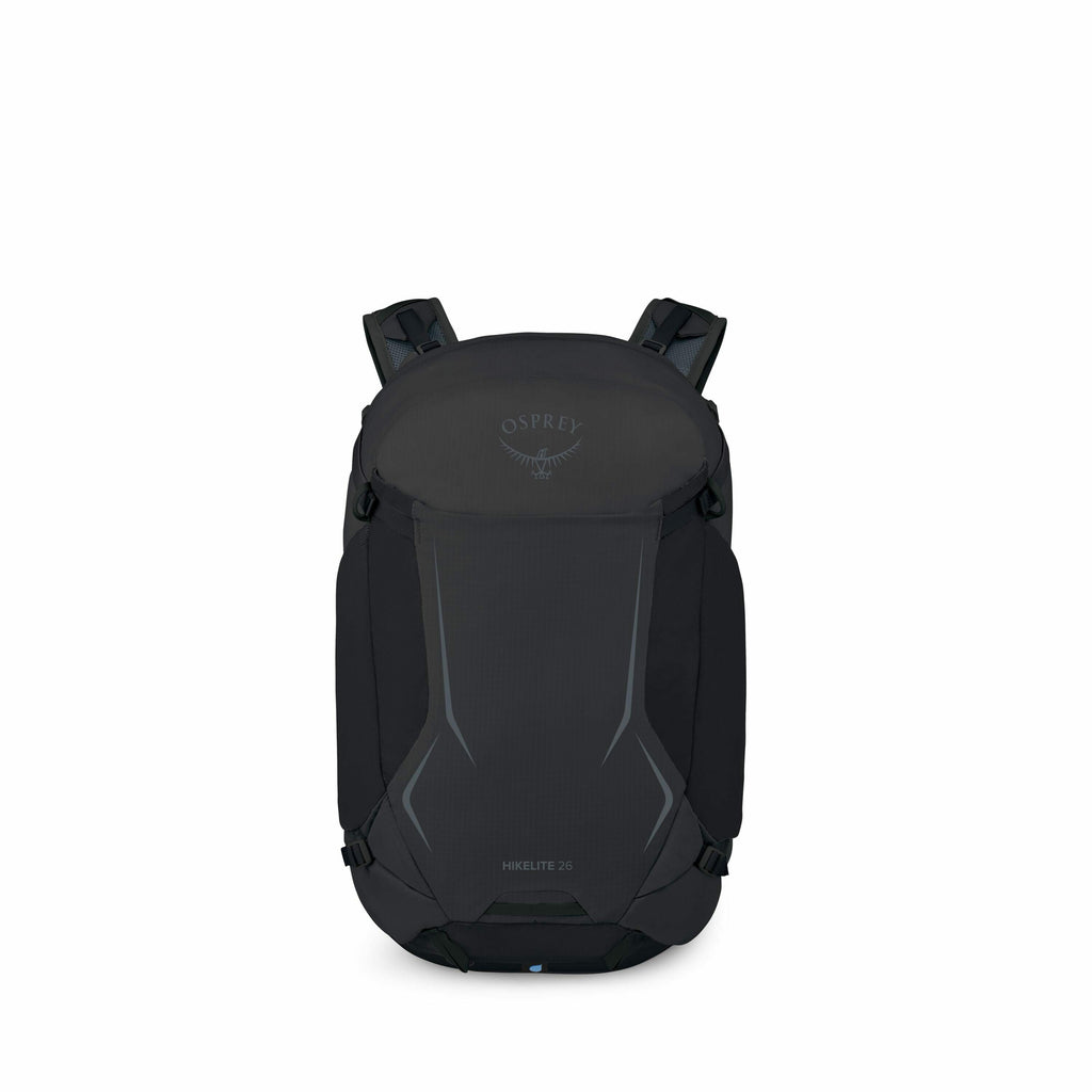 The image shows an Osprey backpack, specifically the Hikelite 26 model, presented in a dark color. The backpack is displayed from the front, showcasing its sleek design with minimal lines and seams. The logo "OSPREY" is clearly visible on the top flap of
