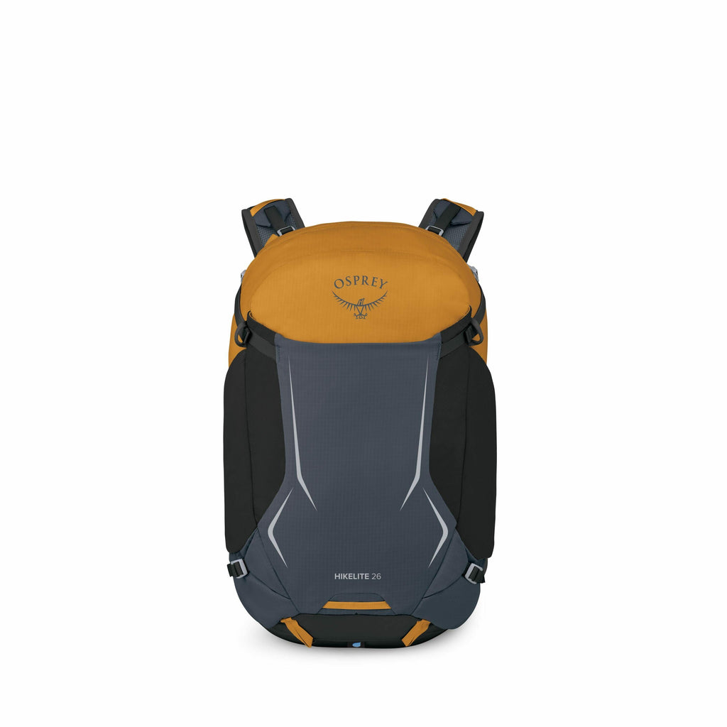 The image features an Osprey Hikelite 26 backpack, a design well-suited for hiking and outdoor activities. The backpack displays a combination of dark blue and orange colors, with the orange portion prominently showing the Osprey logo on the top flap. Ref