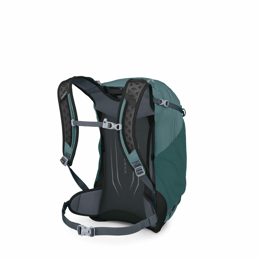 The image shows a backpack viewed from the back, focusing on the shoulder straps and back panel. It is predominantly teal, with dark gray and black elements, including straps and the mesh back. The backpack has adjustable padded shoulder straps, sternum s