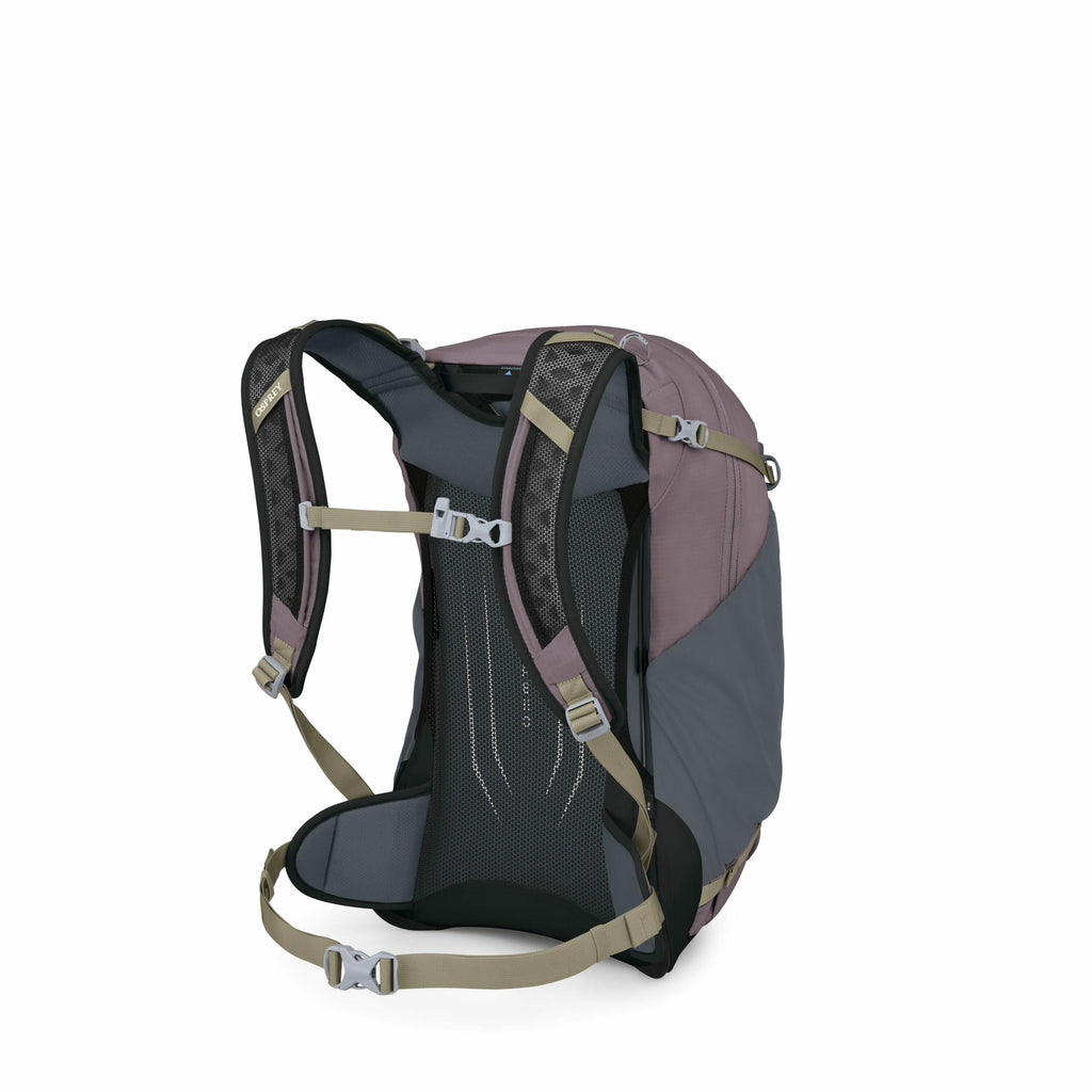 The image shows a backpack designed for hiking or outdoor activities, with its back panel and shoulder straps prominently displayed. It features a two-tone color scheme of dusky pink and dark gray, with olive green straps for adjustment and support. The s