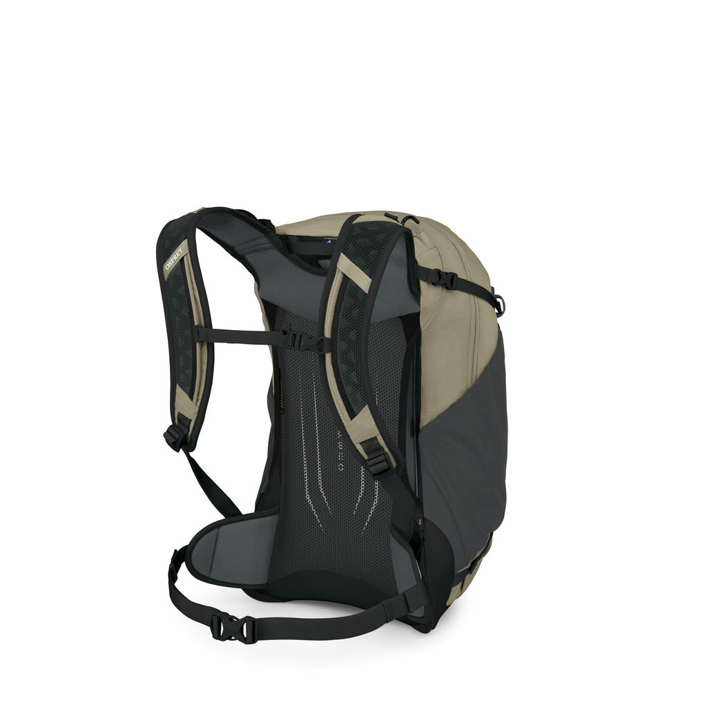 The image displays a backpack designed for outdoor or hiking use, prominently showcasing its backside. The backpack features a combination of beige and black panels, with adjustable padded shoulder straps and a waist strap for secure and comfortable carry