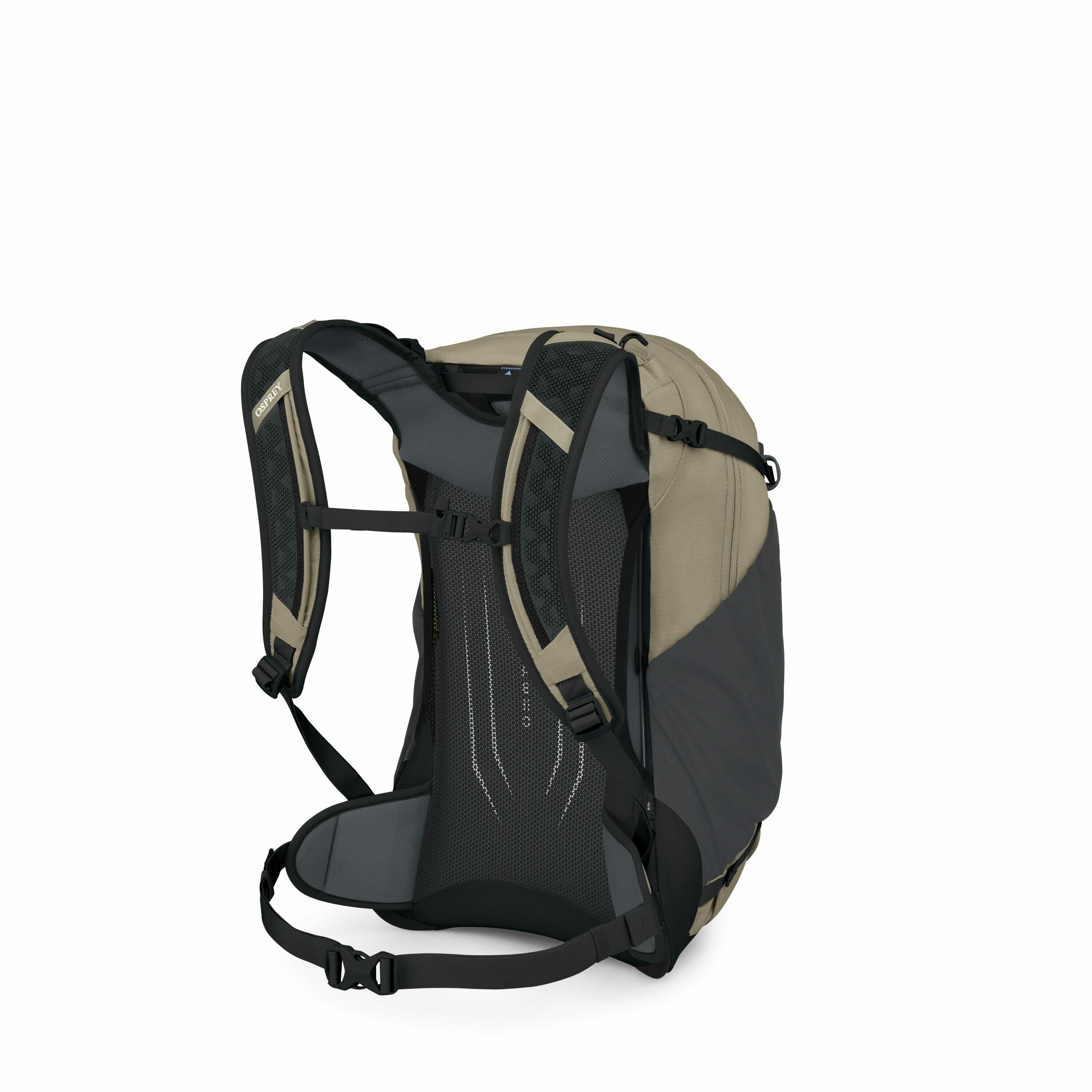 The image displays a backpack designed for outdoor or hiking use, prominently showcasing its backside. The backpack features a combination of beige and black panels, with adjustable padded shoulder straps and a waist strap for secure and comfortable carry