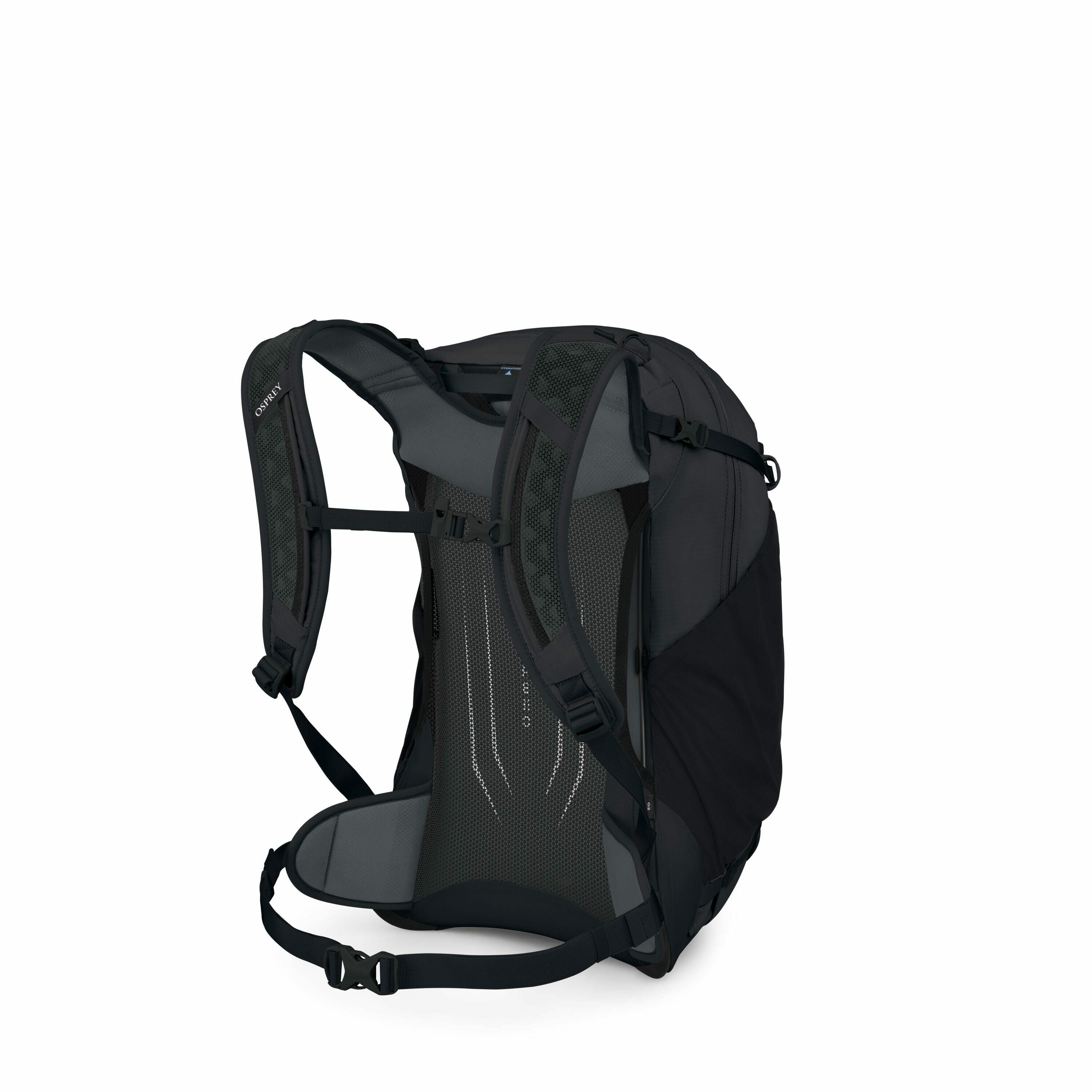 The image shows a black Osprey backpack with a sleek and modern design, viewed from the back. It features padded shoulder straps and a hip belt for enhanced comfort during carrying. The backpack's back panel seems to be well-ventilated with a mesh design,