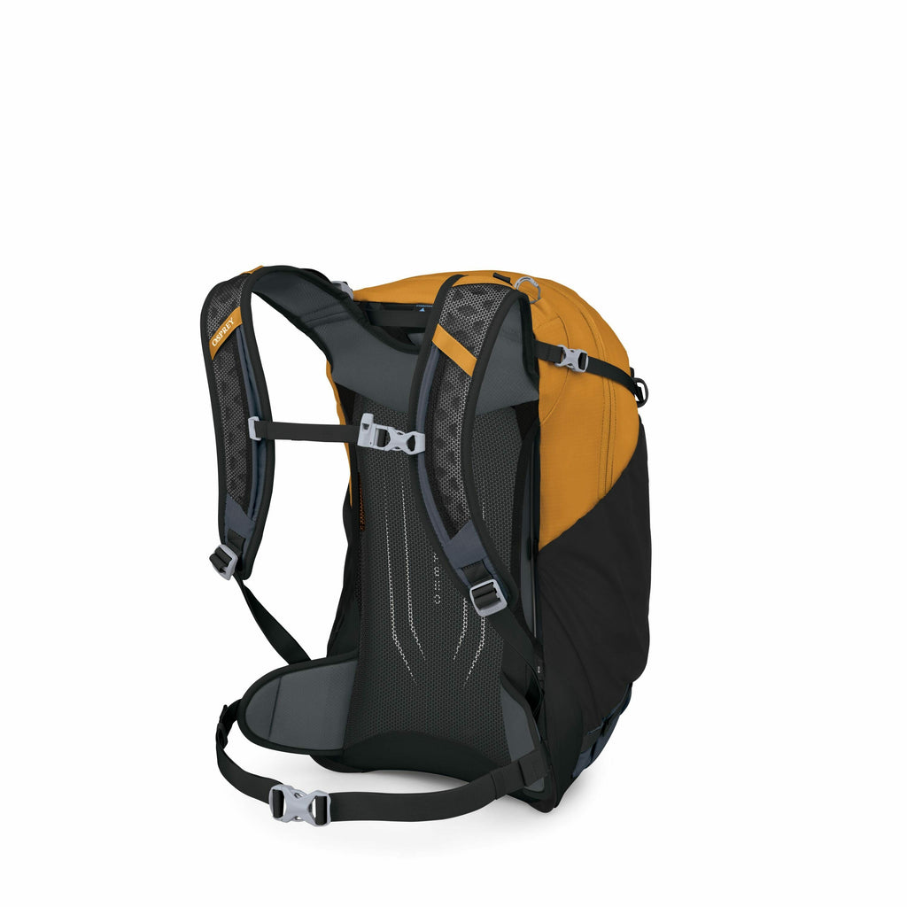 The image displays a backpack that combines orange and black colors with a sleek design. The backpack features adjustable padded shoulder straps, a back panel with ventilation mesh for comfort, and multiple buckles for secure fastening. It appears to have