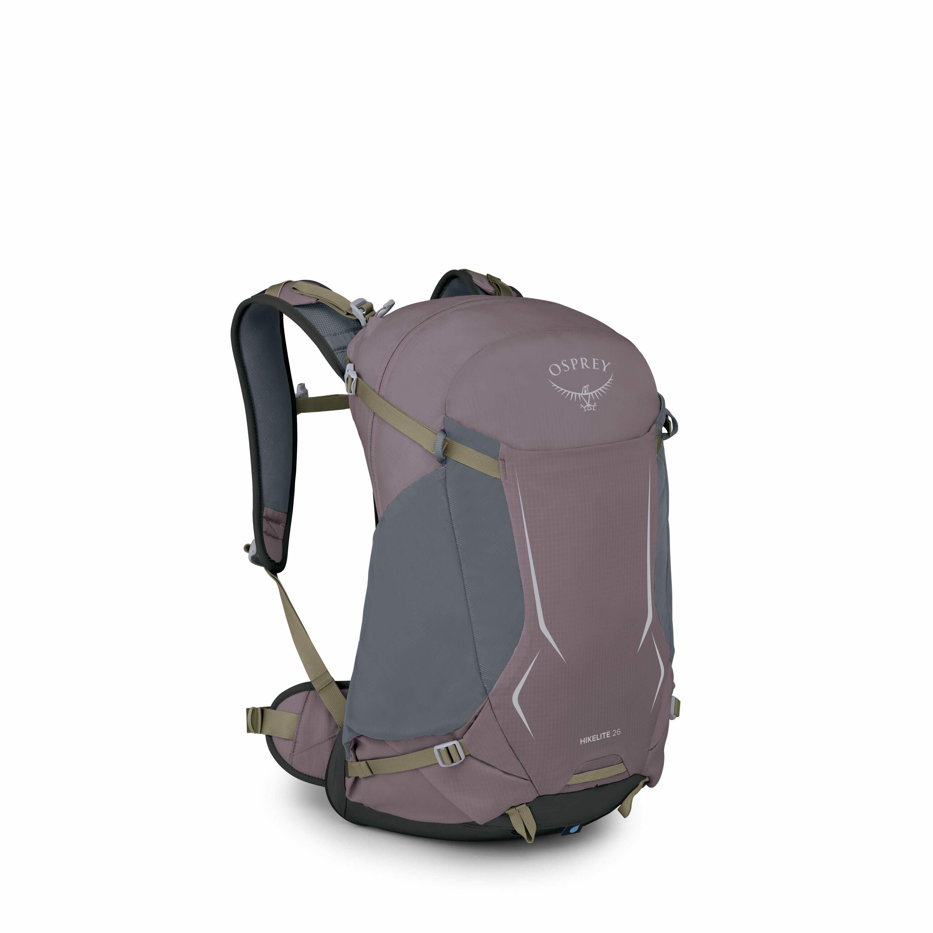 The image shows a purple Osprey backpack with grey accents. The bag features a sleek design with adjustable green straps for securing and carrying, along with padded shoulder straps for comfort. The front of the backpack displays the Osprey logo and the m