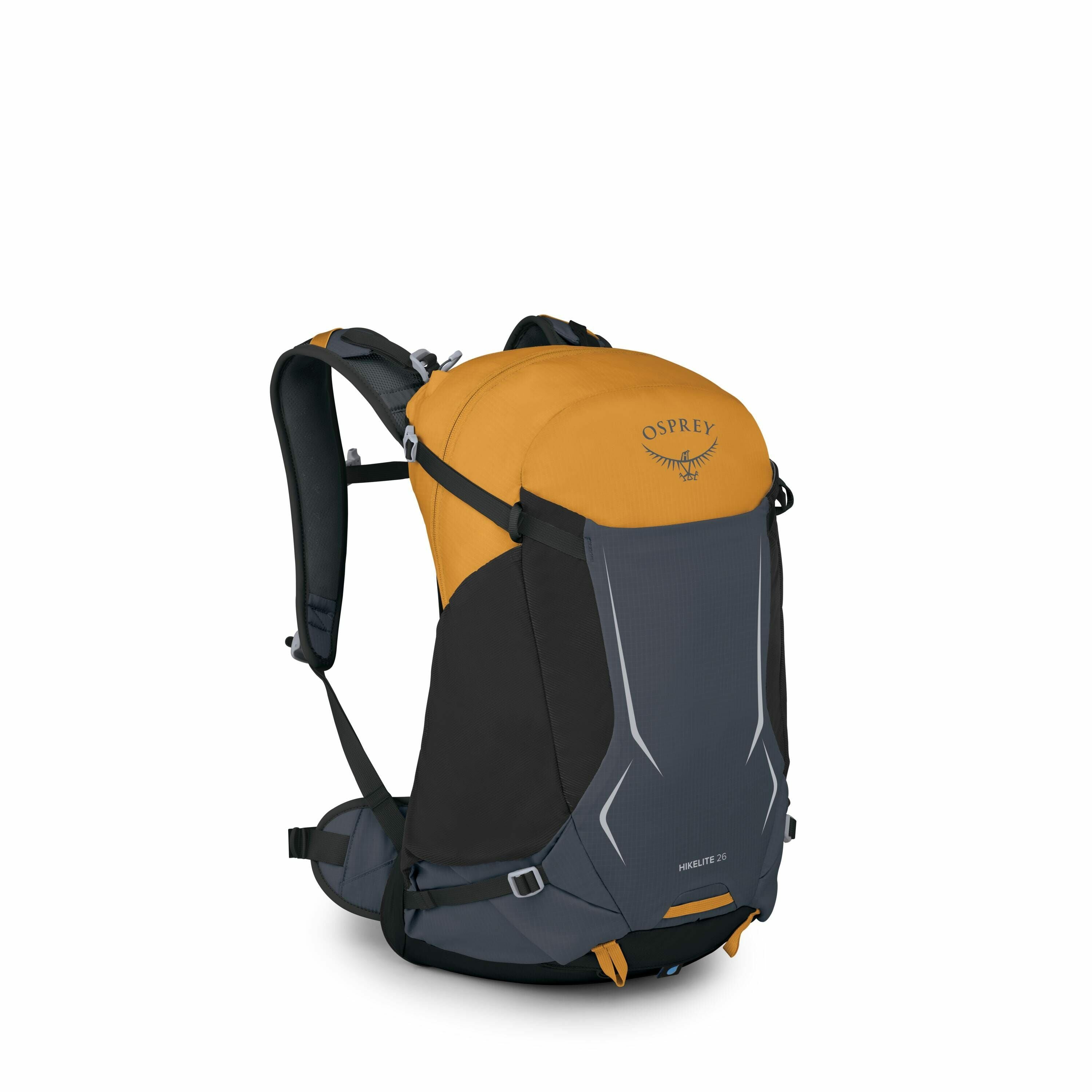 The image shows a backpack from the brand Osprey, specifically their Hikelite 26 model. The backpack is primarily an earthy orange color on the top section, with the Osprey logo prominently displayed in black. The main body of the backpack is a dark gray