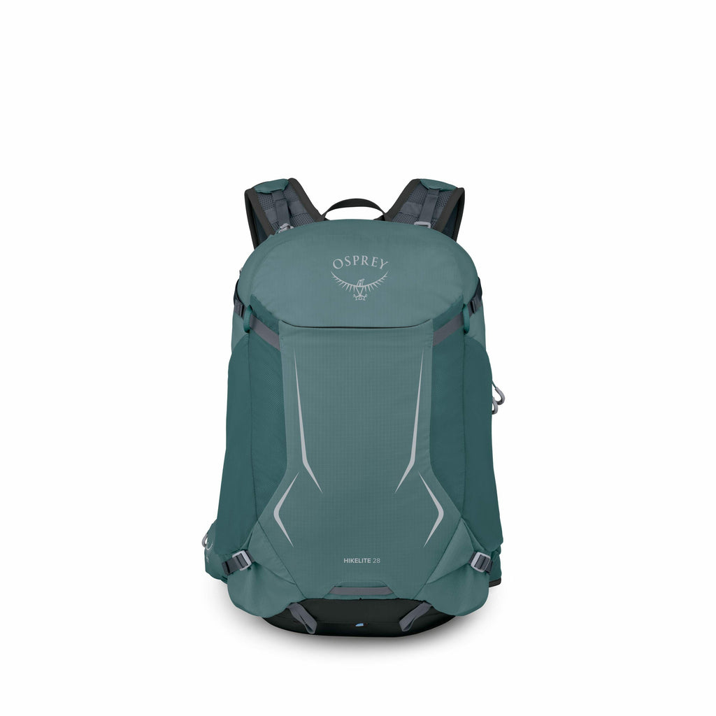 The images depict an Osprey backpack, specifically the Hikelite 28 model, shown in a sequence of disassembled parts. The main image shows the complete backpack in a muted teal color with OspreyÕs logo, featuring an abstract bird design, prominently displa