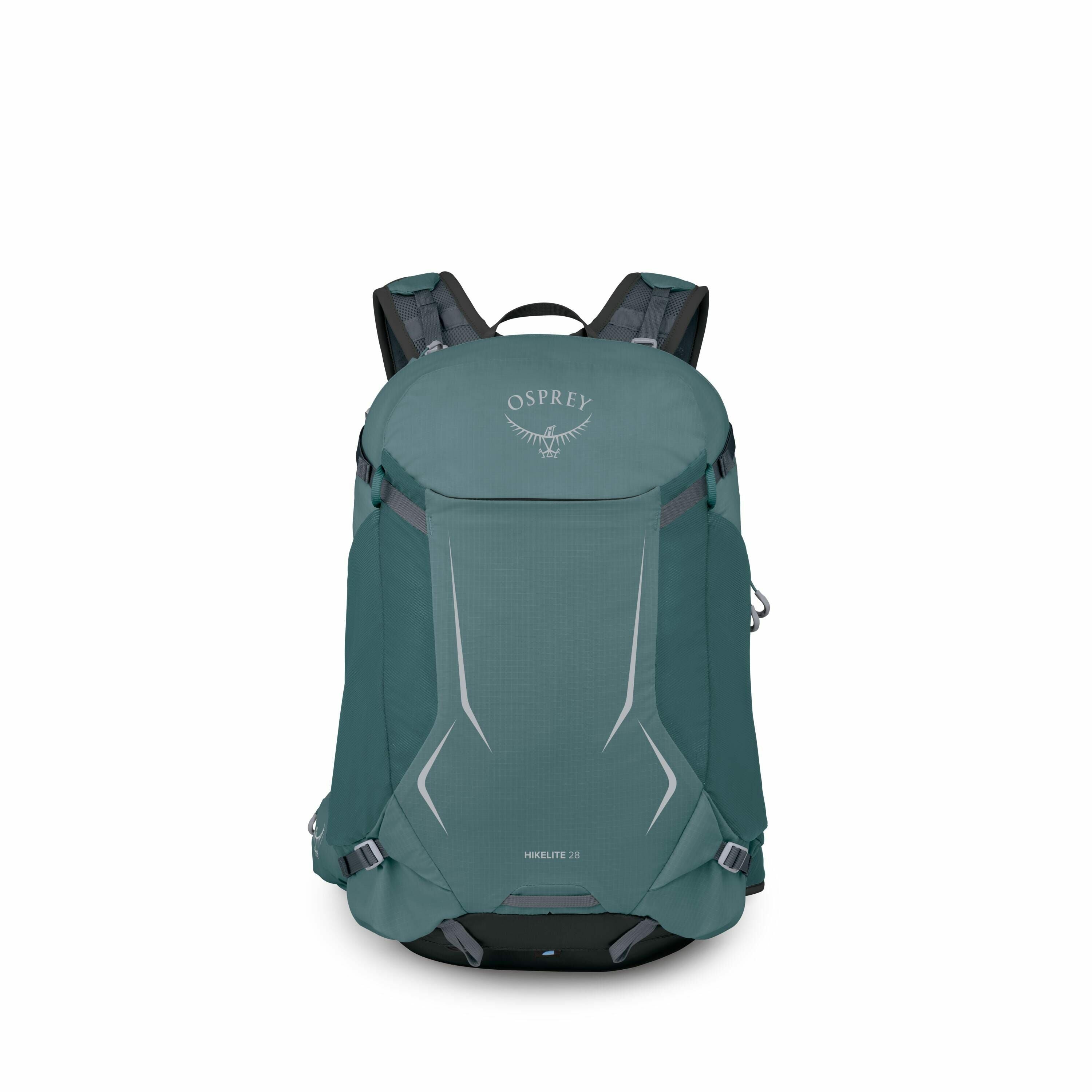The images depict an Osprey backpack, specifically the Hikelite 28 model, shown in a sequence of disassembled parts. The main image shows the complete backpack in a muted teal color with OspreyÕs logo, featuring an abstract bird design, prominently displa