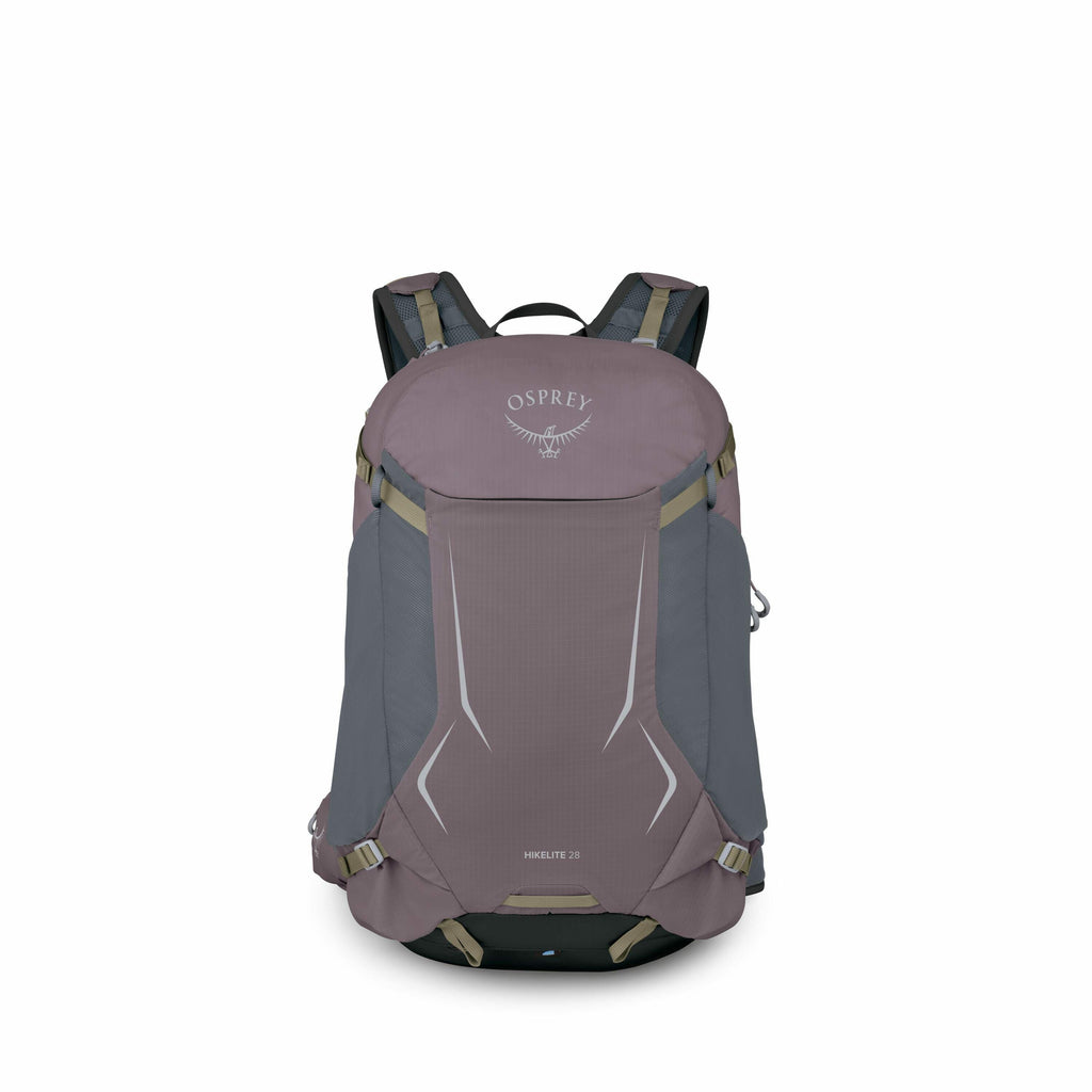 The image showcases an Osprey Hikelite 28 backpack in a muted purple and gray color scheme. The backpack is viewed from the front, revealing the Osprey logo prominently displayed near the top flap. It features a sleek design with contour lines and the mod