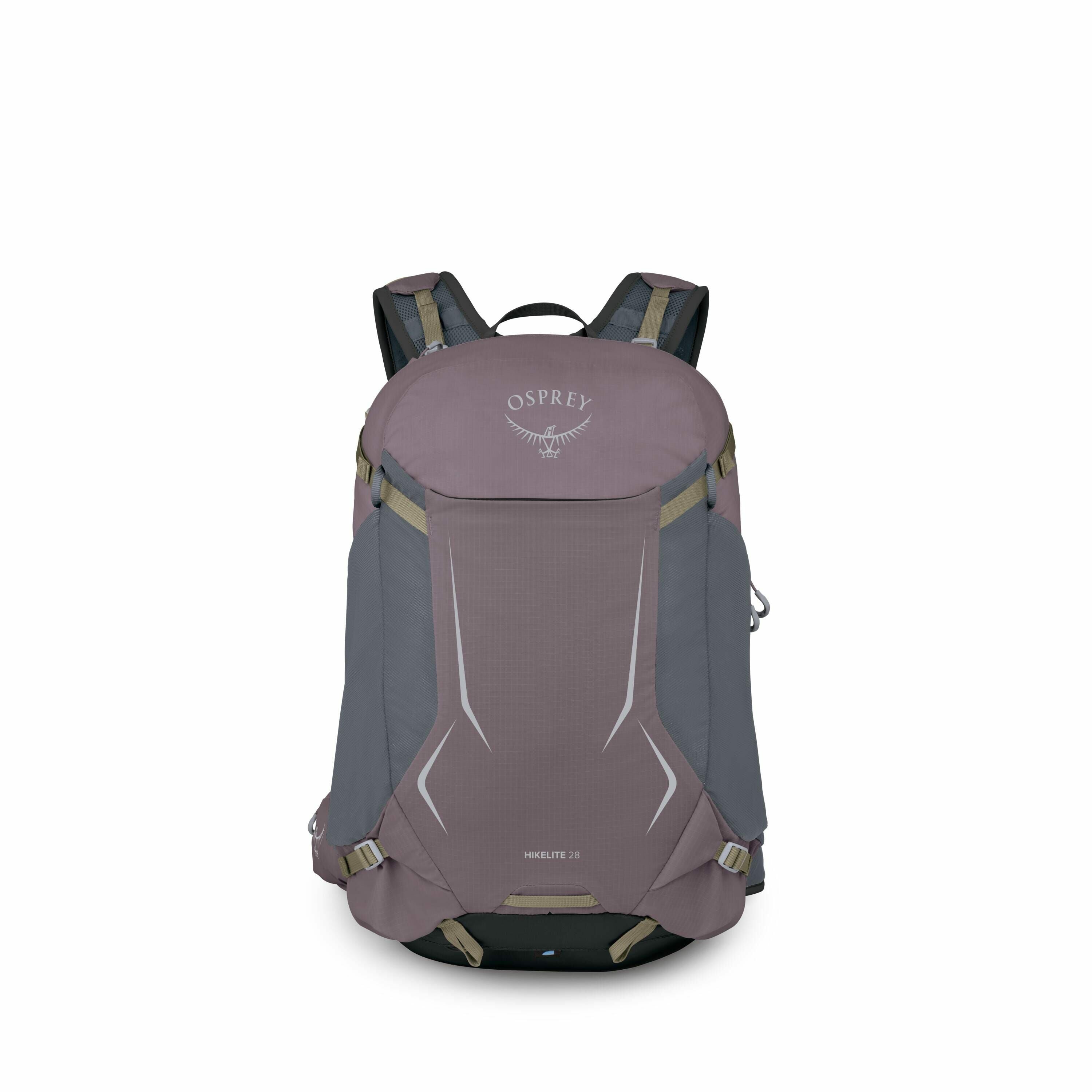 The image showcases an Osprey Hikelite 28 backpack in a muted purple and gray color scheme. The backpack is viewed from the front, revealing the Osprey logo prominently displayed near the top flap. It features a sleek design with contour lines and the mod
