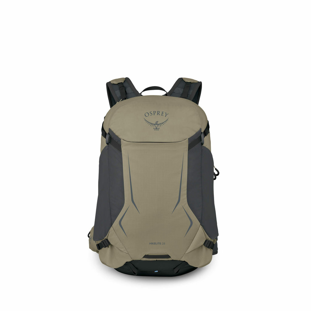 The images depict a hiking backpack by Osprey, specifically the "Hikelite 26" model. The first image shows a front view of the backpack in a beige and gray color combination. The second image presents a front view of the same model in a light green and gr