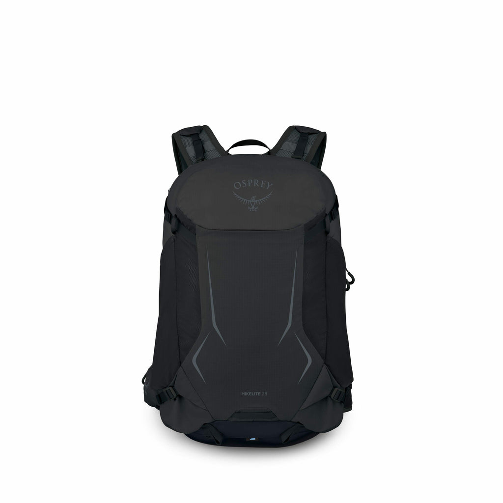 The image shows a sleek, black backpack with a modern design, prominently featuring the Osprey logo and name near the top. The backpack has adjustable shoulder straps and various compartments, providing practical storage options. Its design includes angul