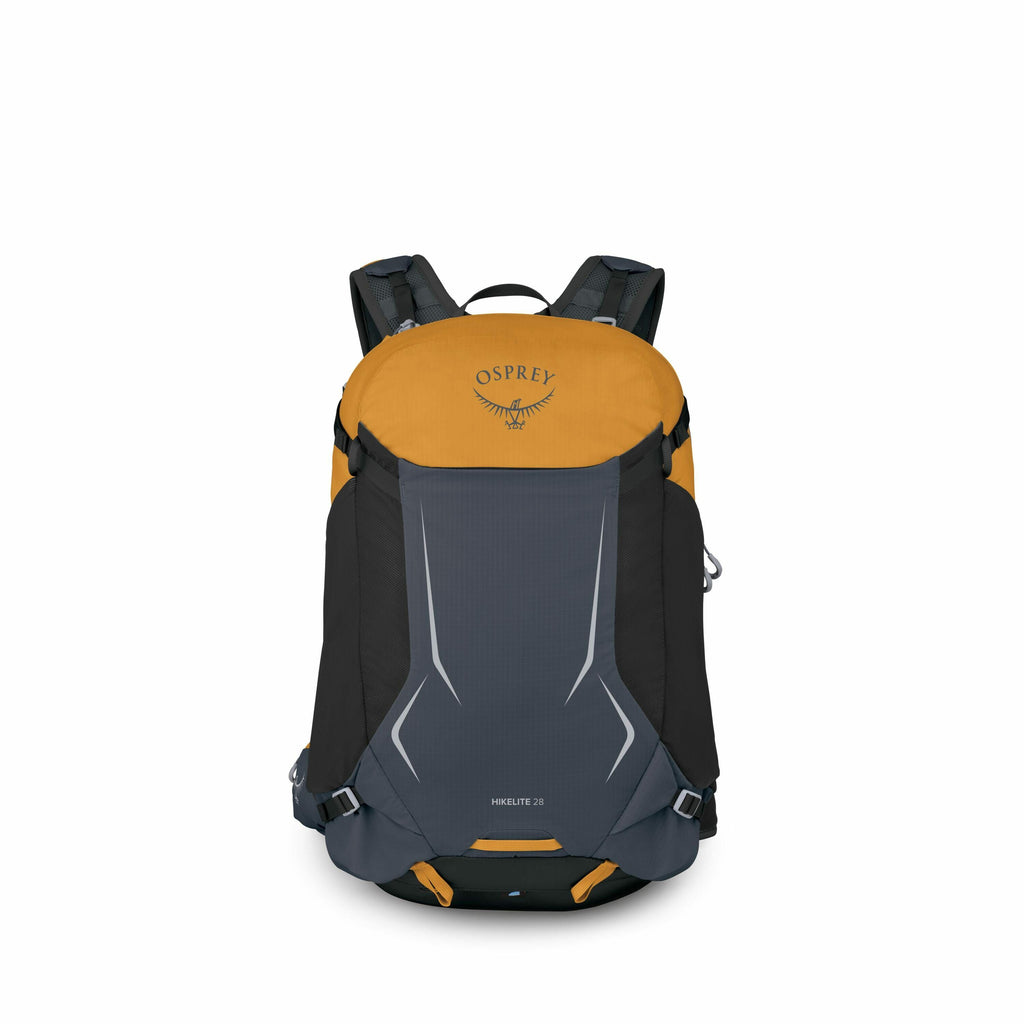 The image displays an Osprey hiking backpack in a yellow and dark grey color scheme. The backpack is shown from the front, highlighting its sleek design and the Osprey logo prominently featured at the top. It has a compact, functional look with features l