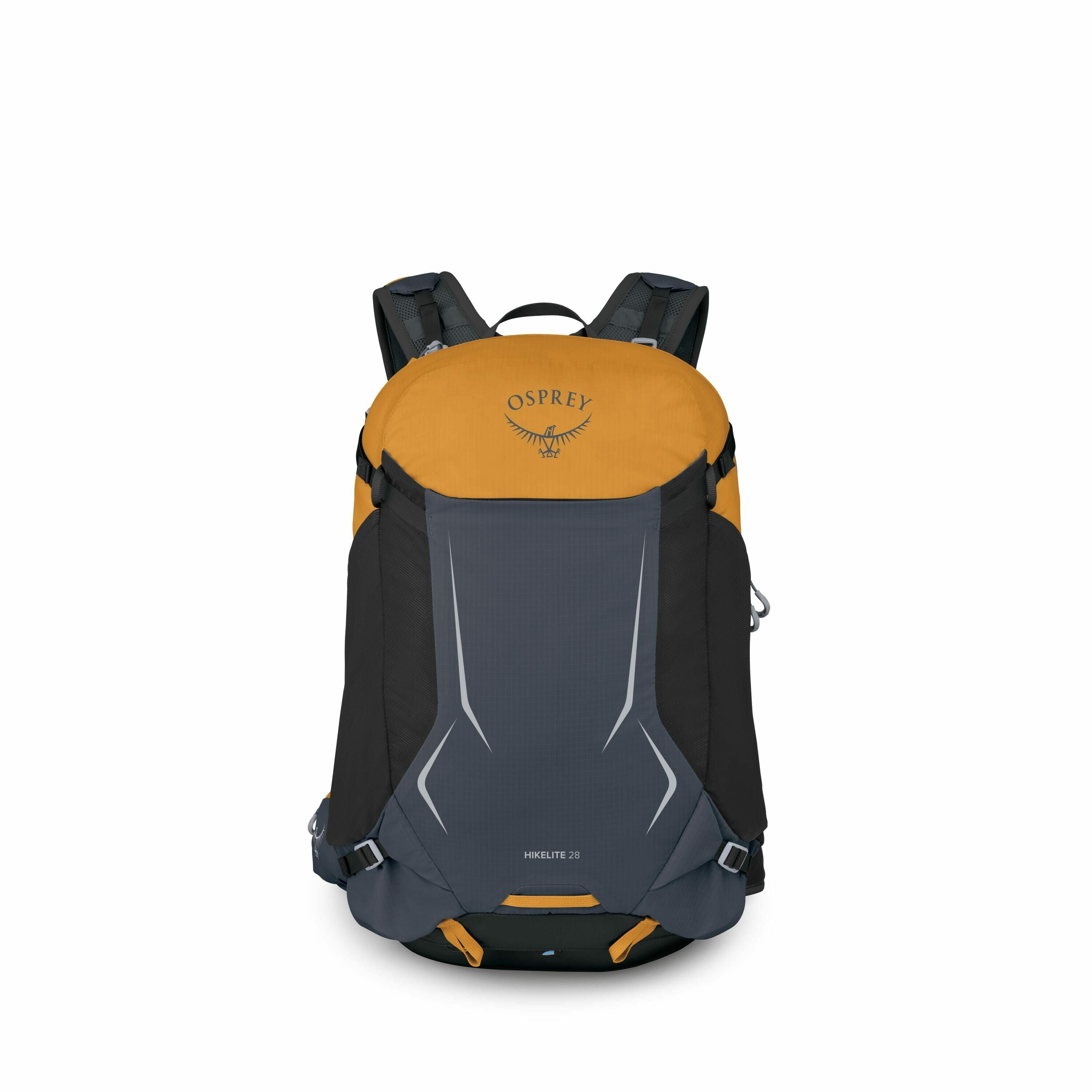 The image displays an Osprey hiking backpack in a yellow and dark grey color scheme. The backpack is shown from the front, highlighting its sleek design and the Osprey logo prominently featured at the top. It has a compact, functional look with features l