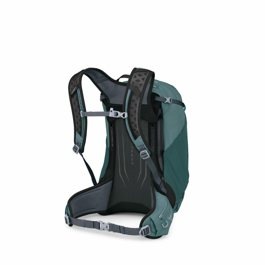 The image shows a teal-colored backpack viewed from the back side. This backpack features padded shoulder straps and a waist belt for added support and comfort. The back panel appears to be ventilated, indicating it is designed for hiking or outdoor activ