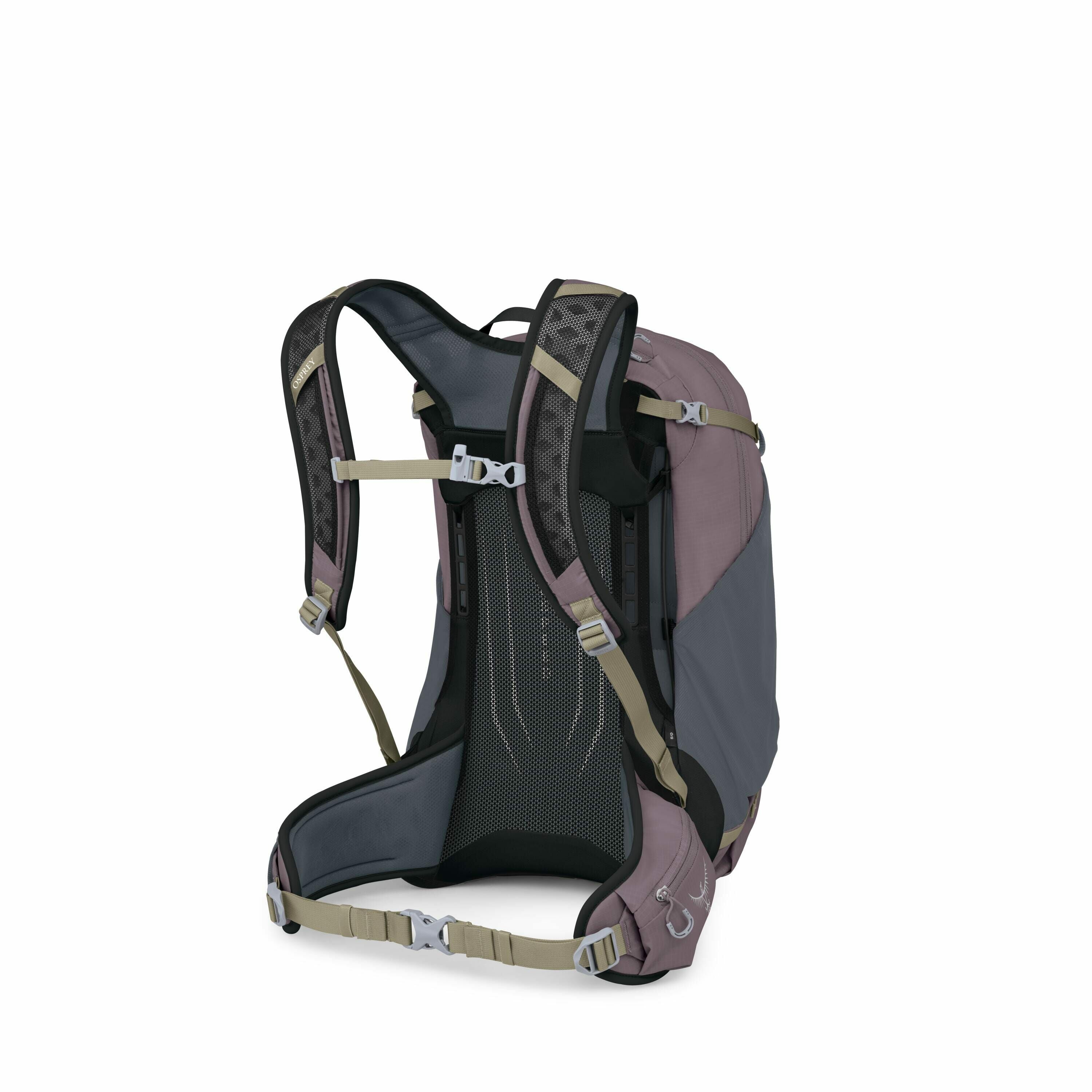 The image shows a hiking backpack designed for outdoor use. The backpack features a mix of colors, including dark gray and mauve, with beige and black accents. It includes adjustable straps and a supportive back panel for comfort during extended wear. The