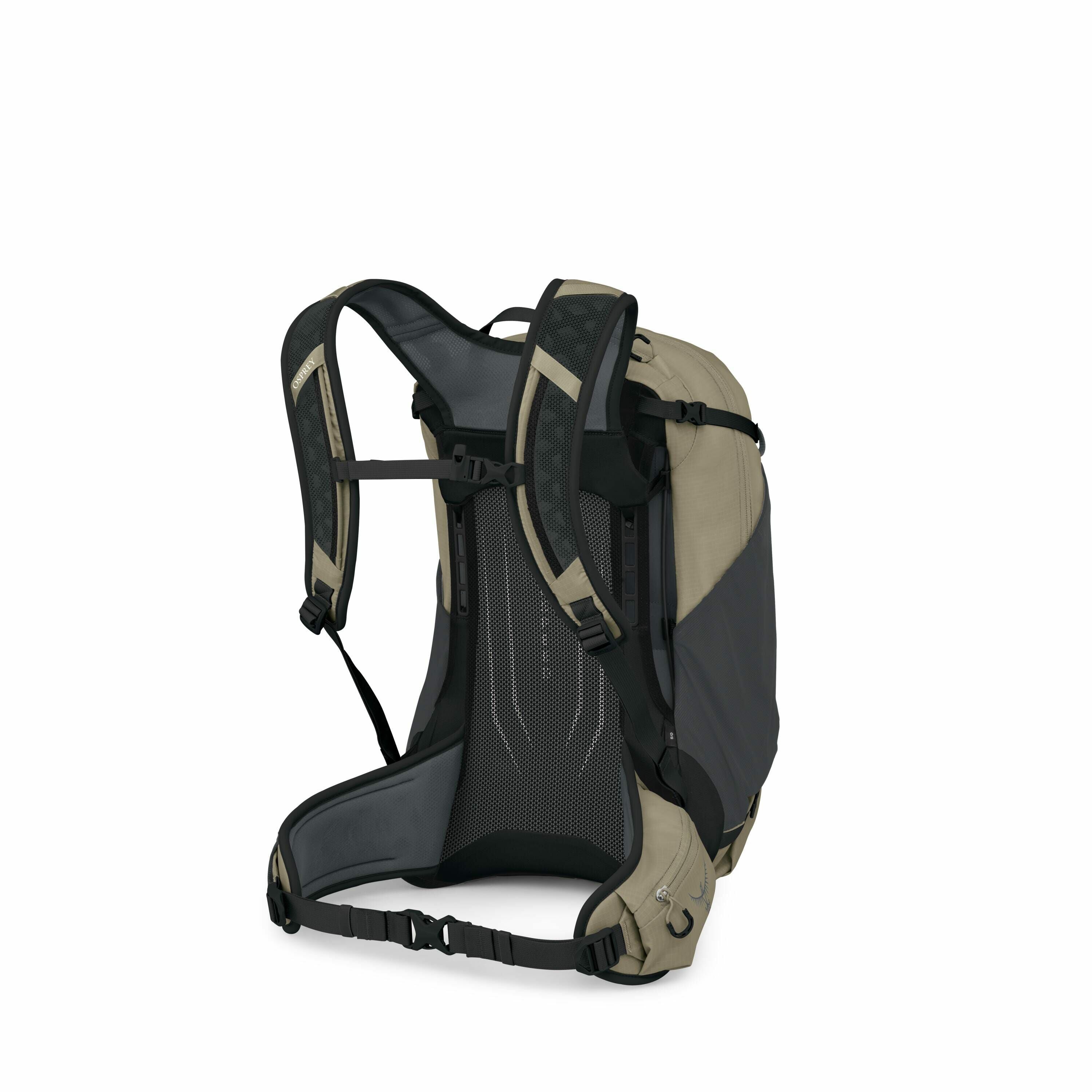 The image displays a backpack designed for outdoor or hiking activities, viewed from a rear angle to showcase its straps and back support system. The backpack features padded, adjustable shoulder straps and a waist belt for added comfort and weight distri