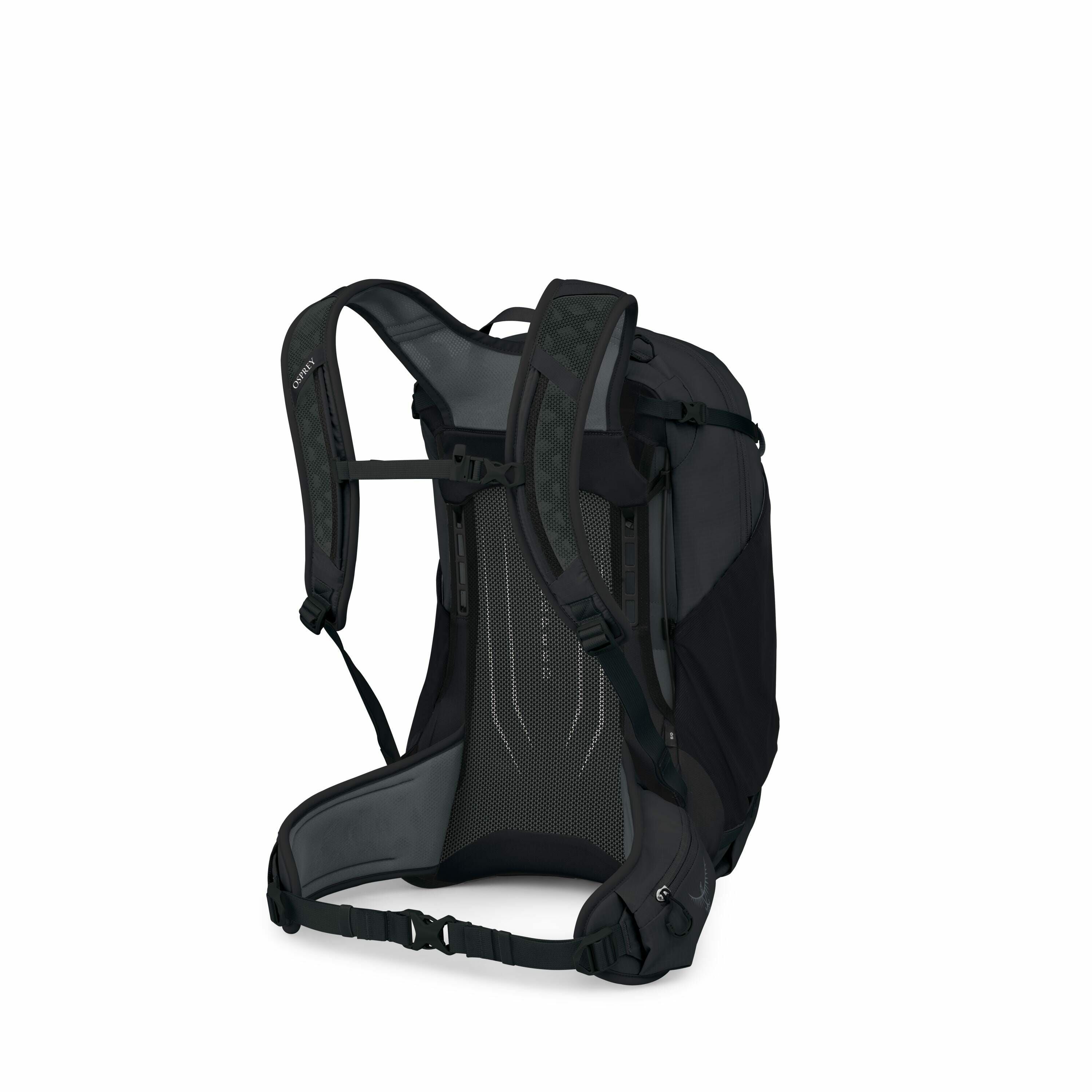 The image depicts a black backpack designed for outdoor activities, viewed from an angle that highlights its back and shoulder strap features. The backpack includes adjustable straps for personalized fitting and a robust harness system for comfort during