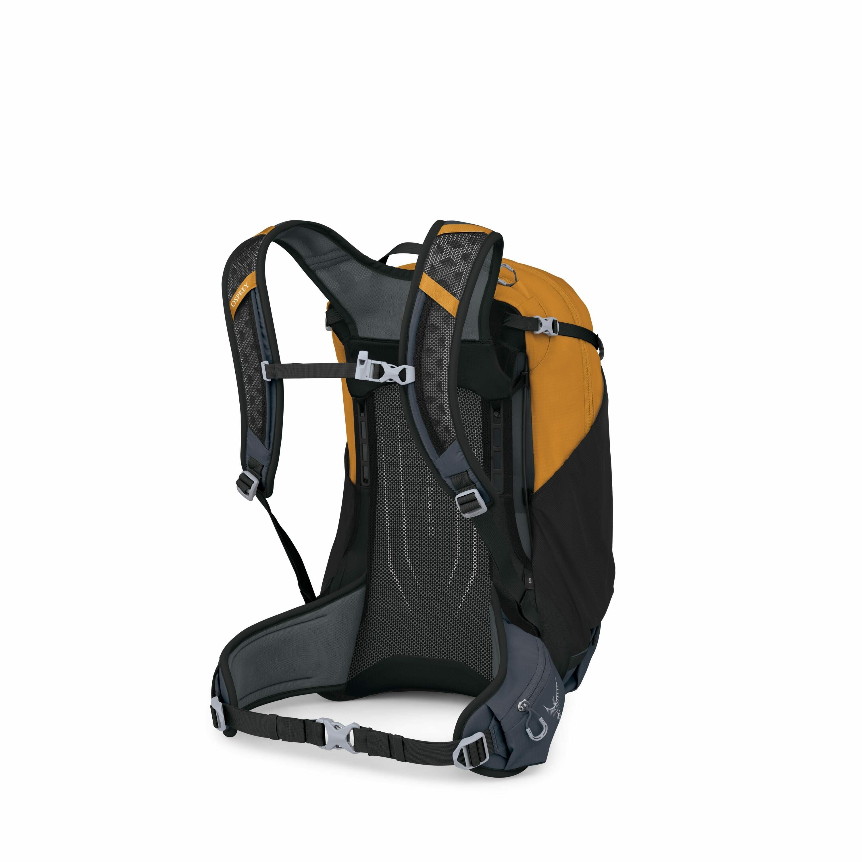 The image features an outdoor backpack designed for hiking or trekking, viewed from the back side. The backpack is primarily orange with black and grey accents, and it has a robust and ergonomic design to ensure comfort during long journeys. It includes p
