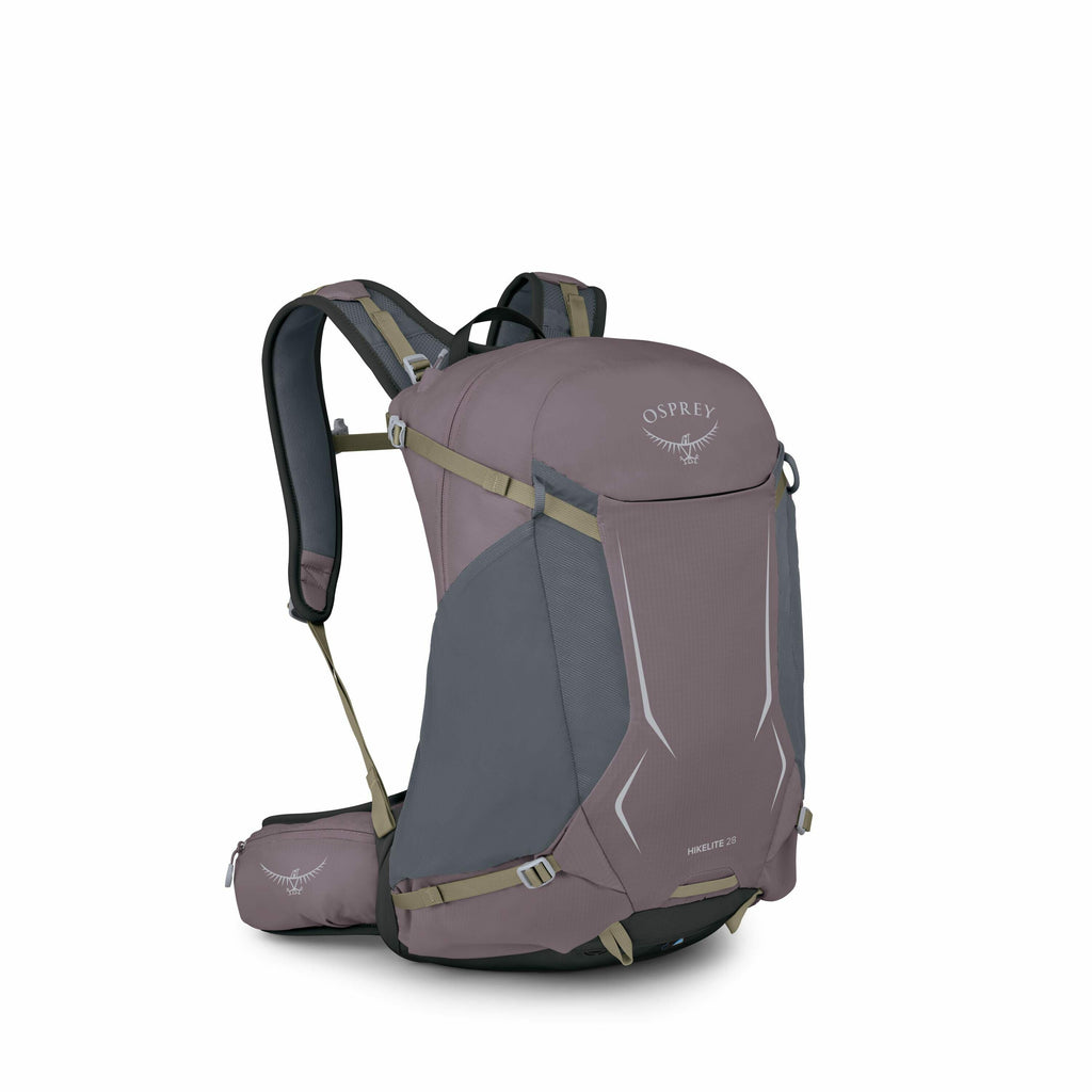 The image displays a hiking backpack made by Osprey, specifically the Hikelite 26 model. The backpack is predominantly a muted purple color with some darker gray accents. It features adjustable shoulder straps and a waist belt, providing ergonomic support