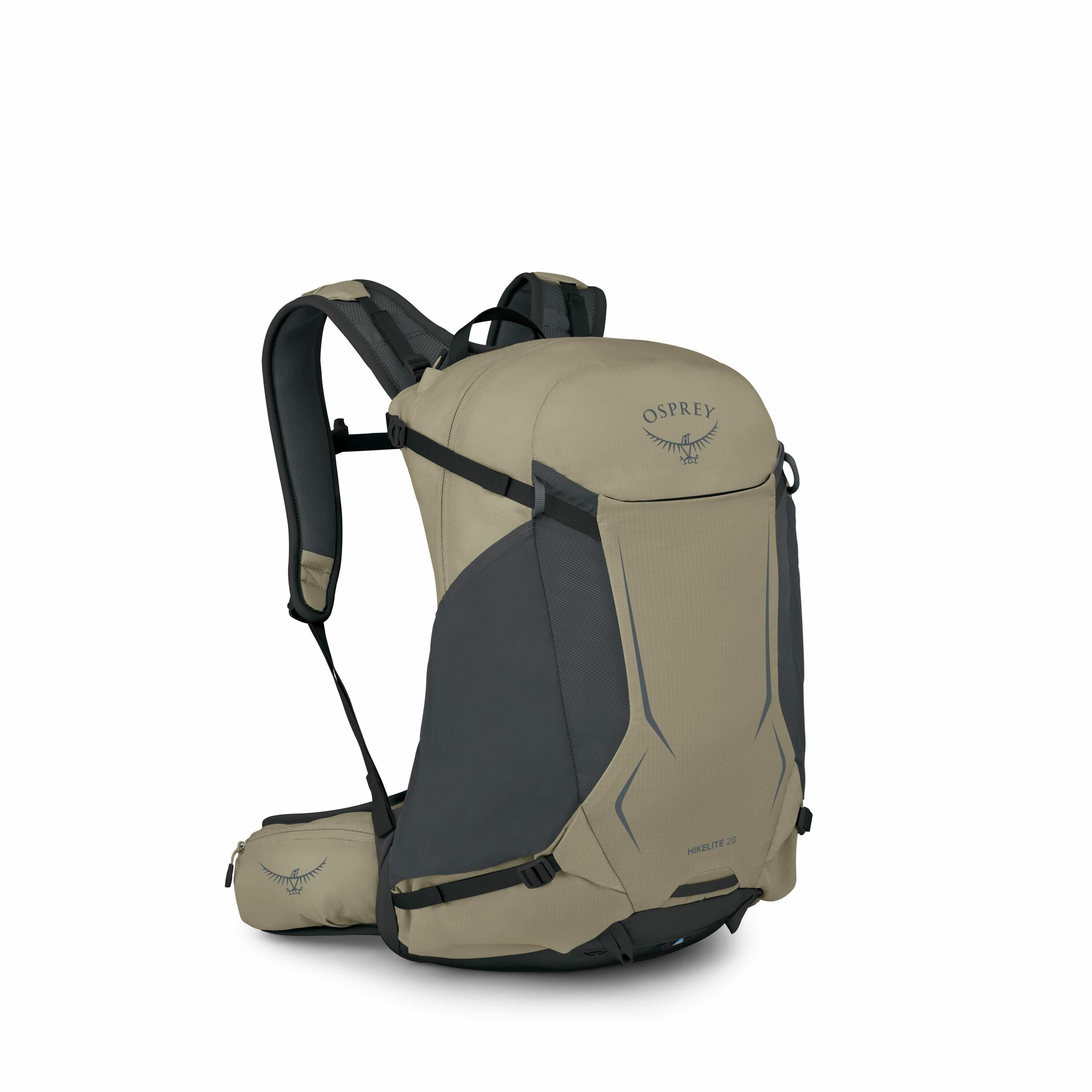 The image depicts an Osprey Hikelite 28 backpack in a neutral color, likely referred to as "tan," with gray accents on the sides and straps. The backpack features the Osprey logo prominently on the top flap and on a small pocket located on the waist strap