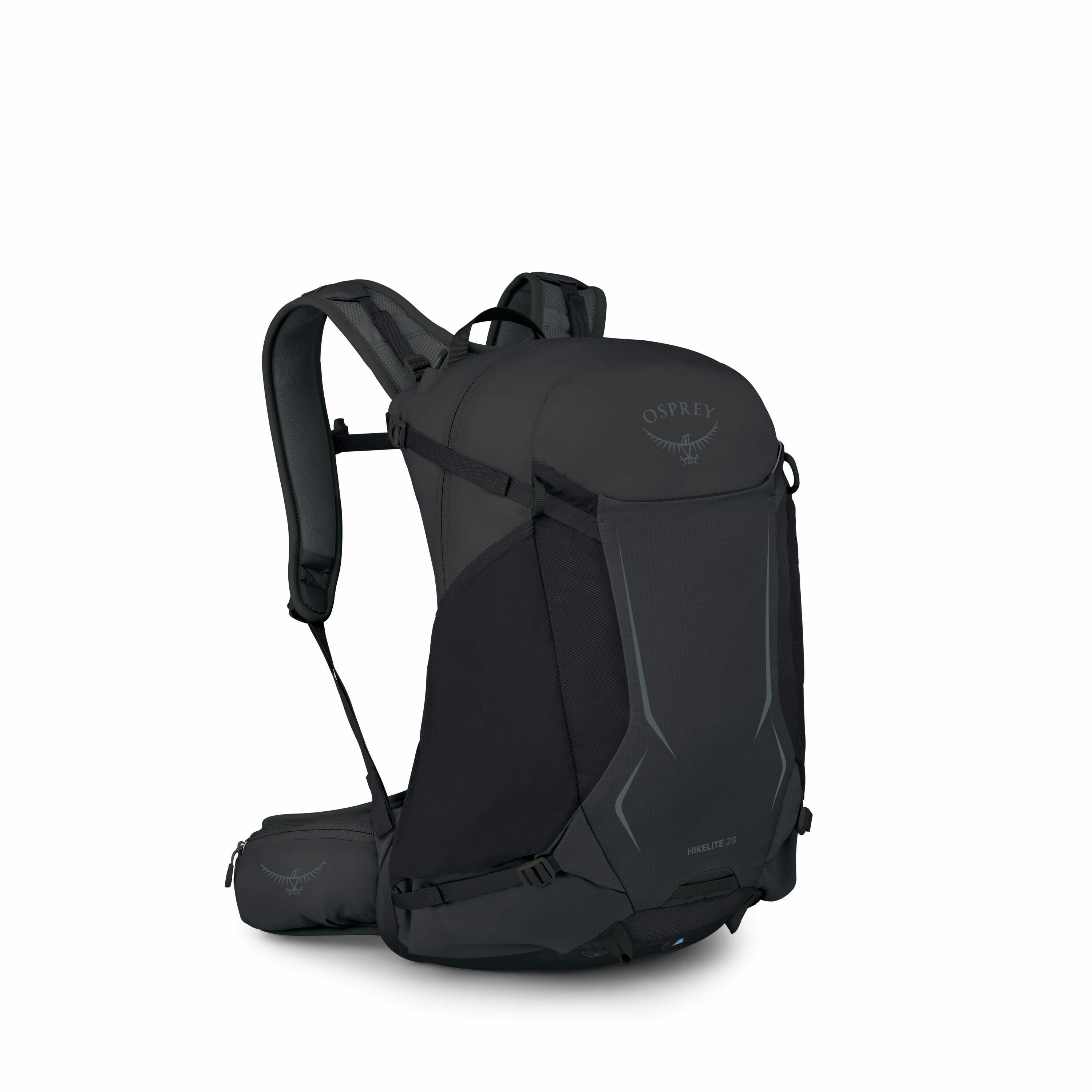 The image features a sleek and modern black backpack from the brand Osprey. The design of the backpack is streamlined with various compartments and adjustable straps for comfort and functionality. Prominently displayed on the front is the Osprey logo, whi