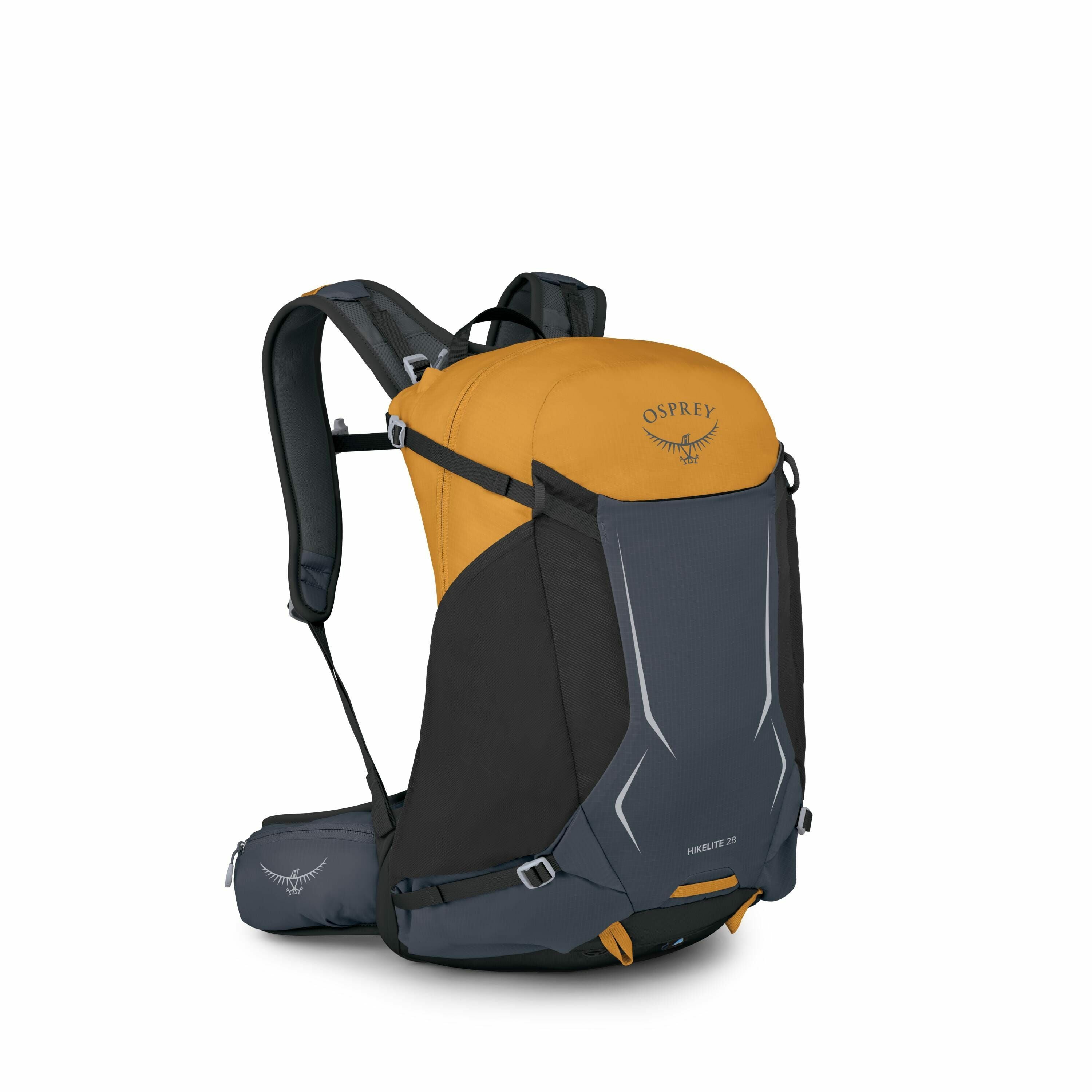 The image features an Osprey Hikelite 28 backpack, designed for hiking and outdoor activities. The backpack has a sleek design with a combination of mustard yellow and dark gray colors. The Osprey logo, depicting an abstract bird in flight, is printed on