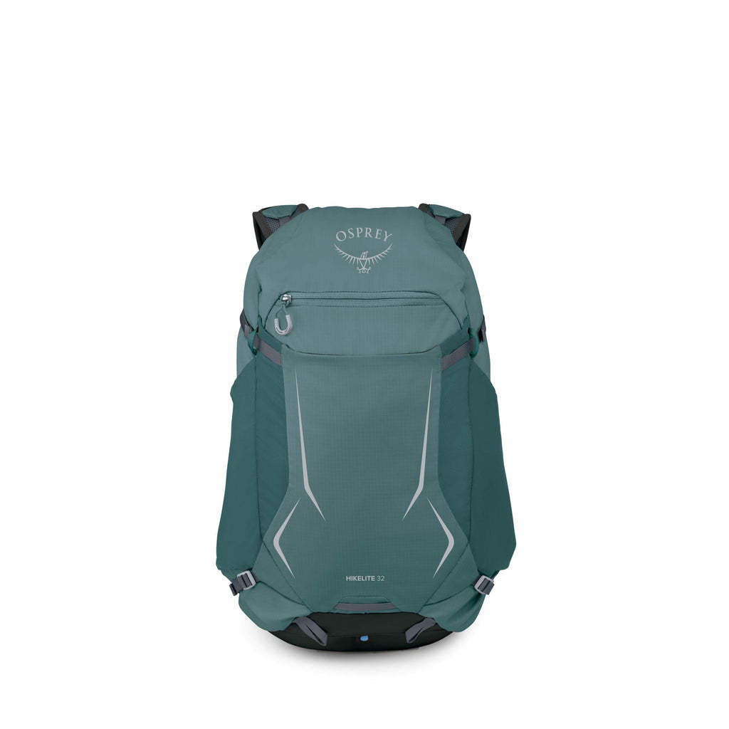 The image showcases a backpack, specifically the Osprey Hikelite 32. This backpack is presented in a teal color, featuring a sleek and minimalist design. It displays the Osprey logo prominently on the top portion, which includes the name "OSPREY" and a st