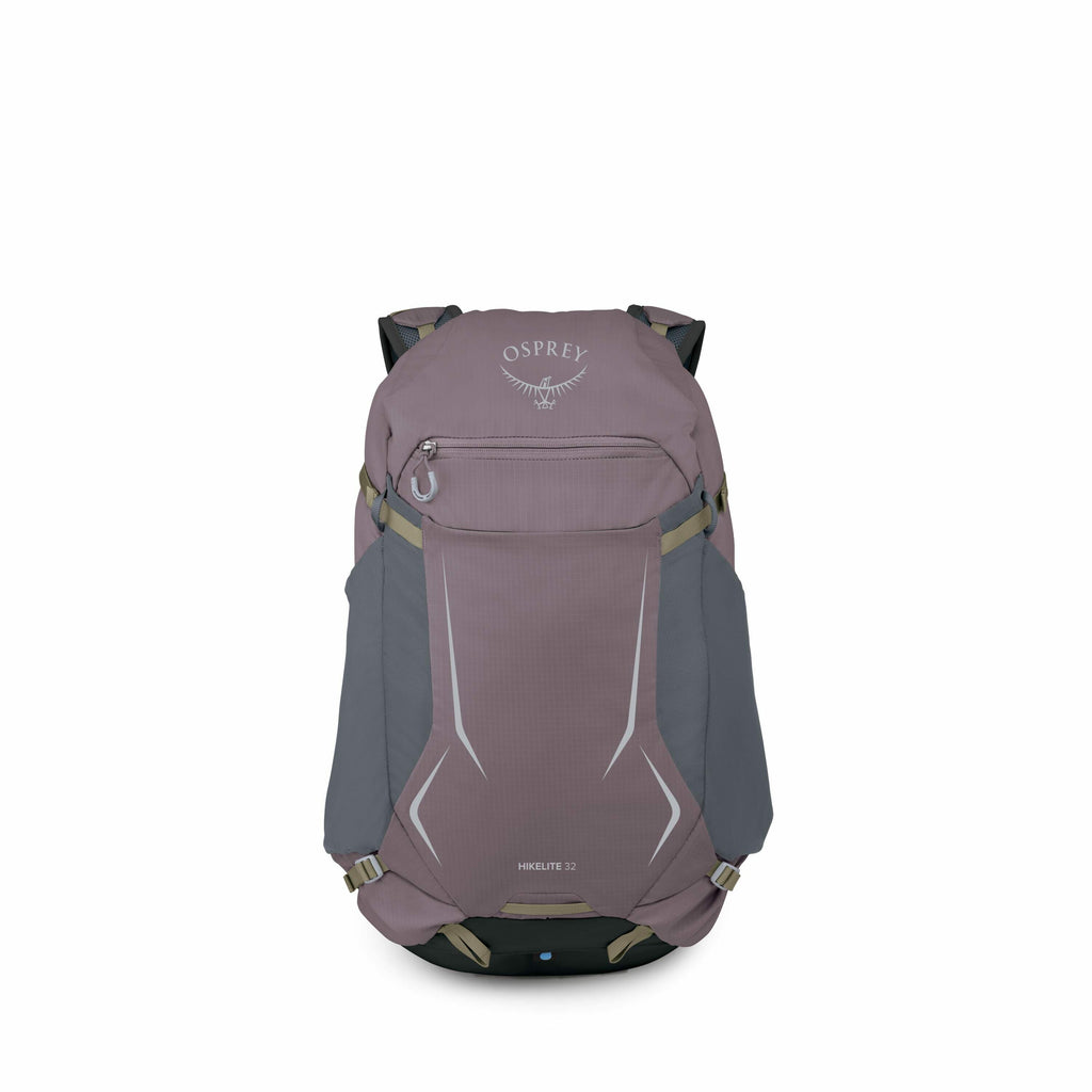 The image showcases an Osprey Hikelite 32 backpack with a purple and gray color scheme. The backpack is prominently displayed with its top and front compartments, straps, and bottom clearly visible. It features the Osprey logo and branding on the upper po