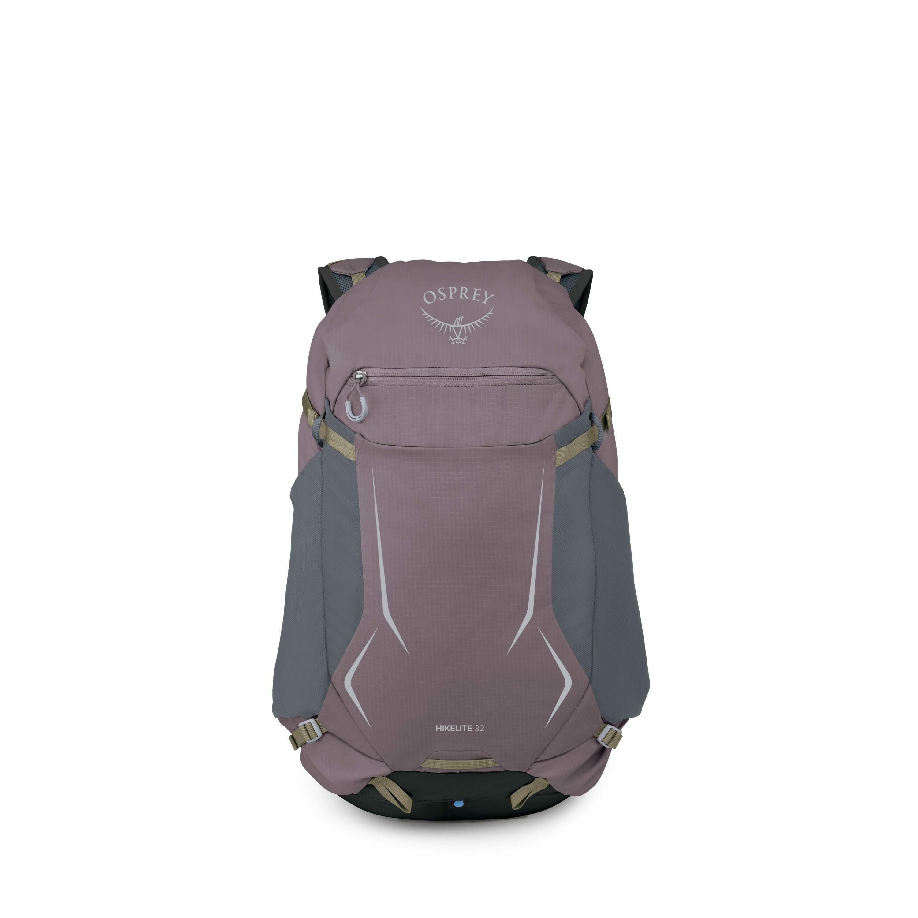 The image showcases an Osprey Hikelite 32 backpack with a purple and gray color scheme. The backpack is prominently displayed with its top and front compartments, straps, and bottom clearly visible. It features the Osprey logo and branding on the upper po