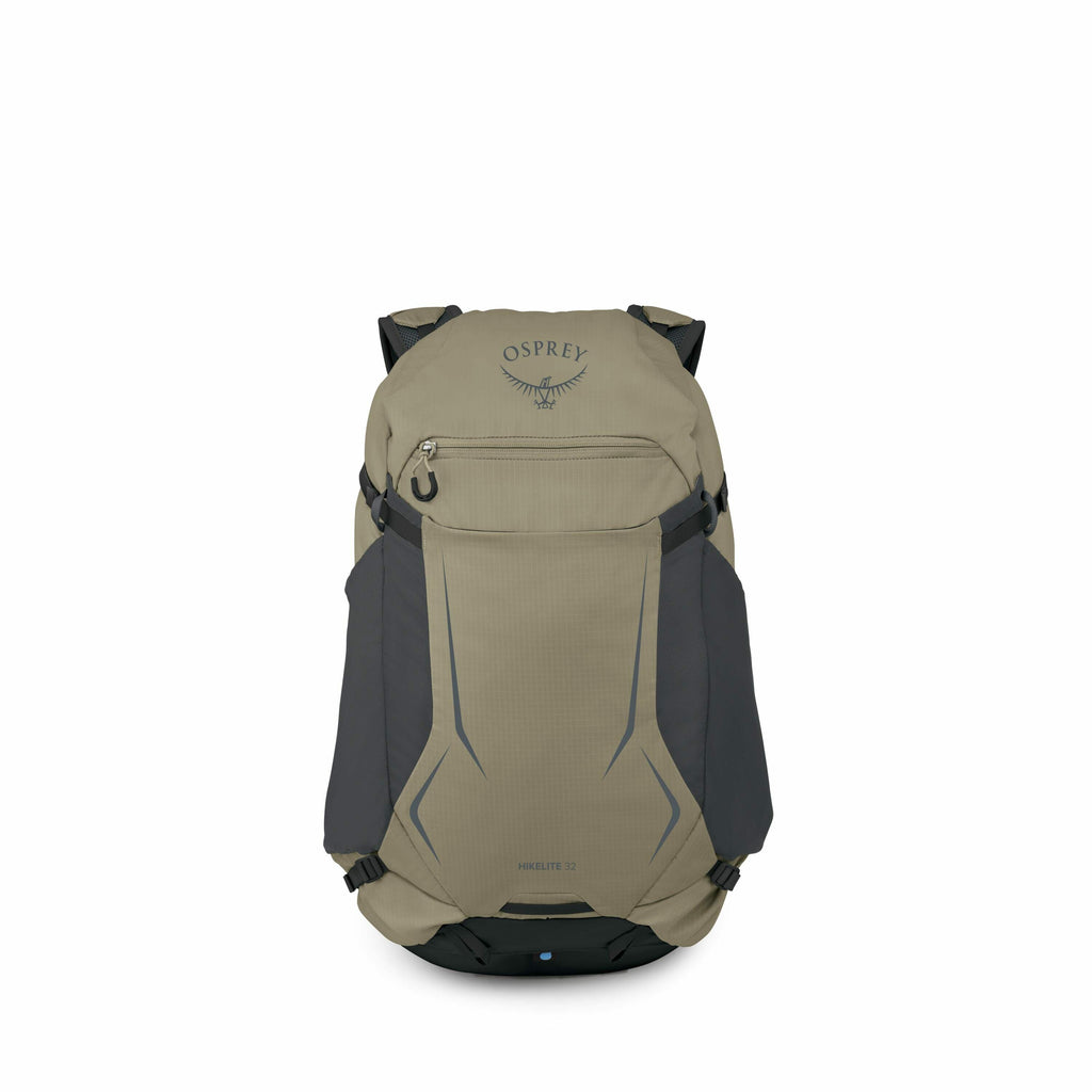 The image depicts an Osprey Hikelite 22 backpack in two different color schemes. The first image shows the backpack in a beige color with dark gray accents. The second image features the same backpack in a green shade with similar dark gray accents. Follo