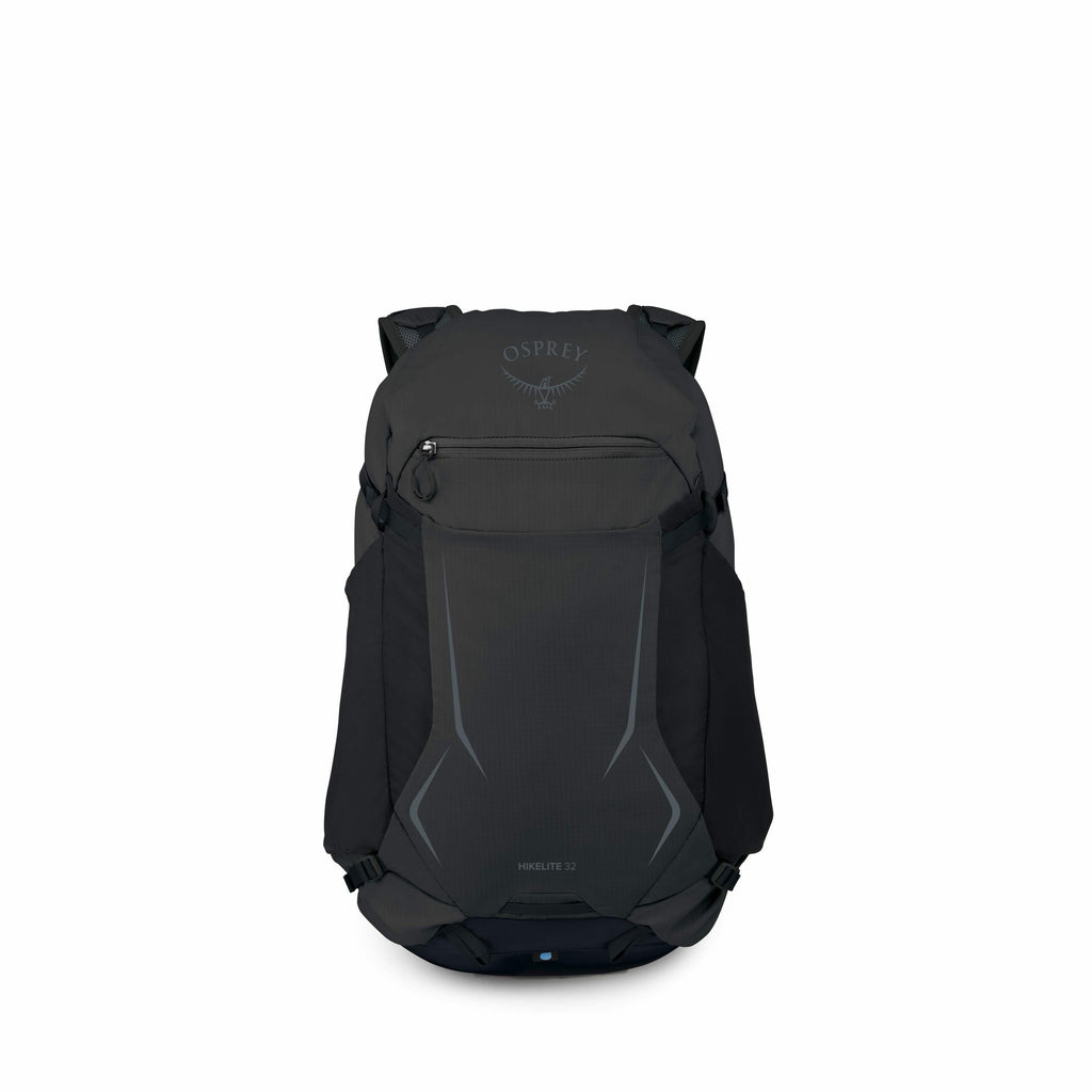 The image showcases a dark gray Osprey backpack designed for hiking. This Hikelite 32 model features a sleek, compact design with a front panel displaying the Osprey logo prominently at the top. The backpack has adjustable straps on the sides and bottom,