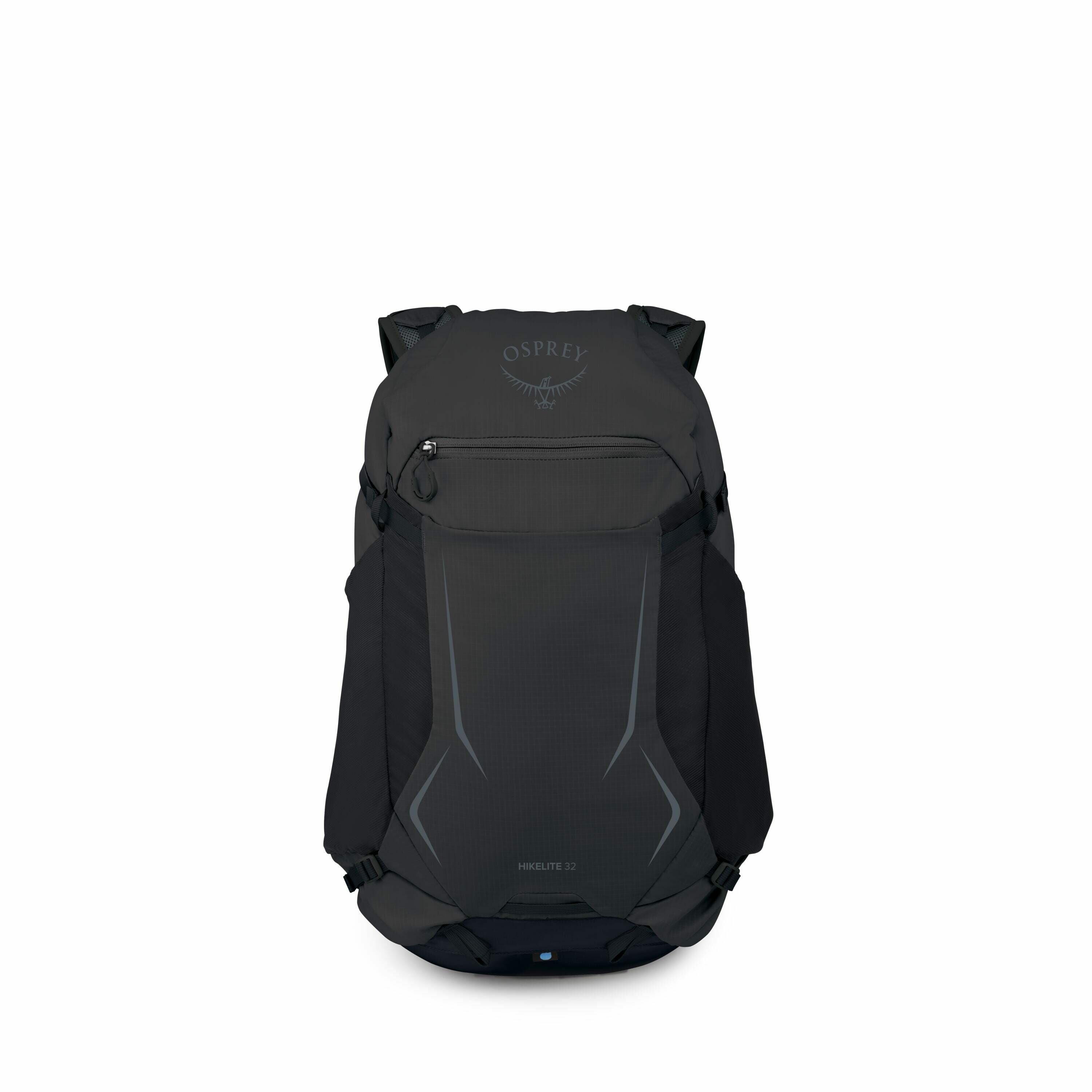 The image showcases a dark gray Osprey backpack designed for hiking. This Hikelite 32 model features a sleek, compact design with a front panel displaying the Osprey logo prominently at the top. The backpack has adjustable straps on the sides and bottom,