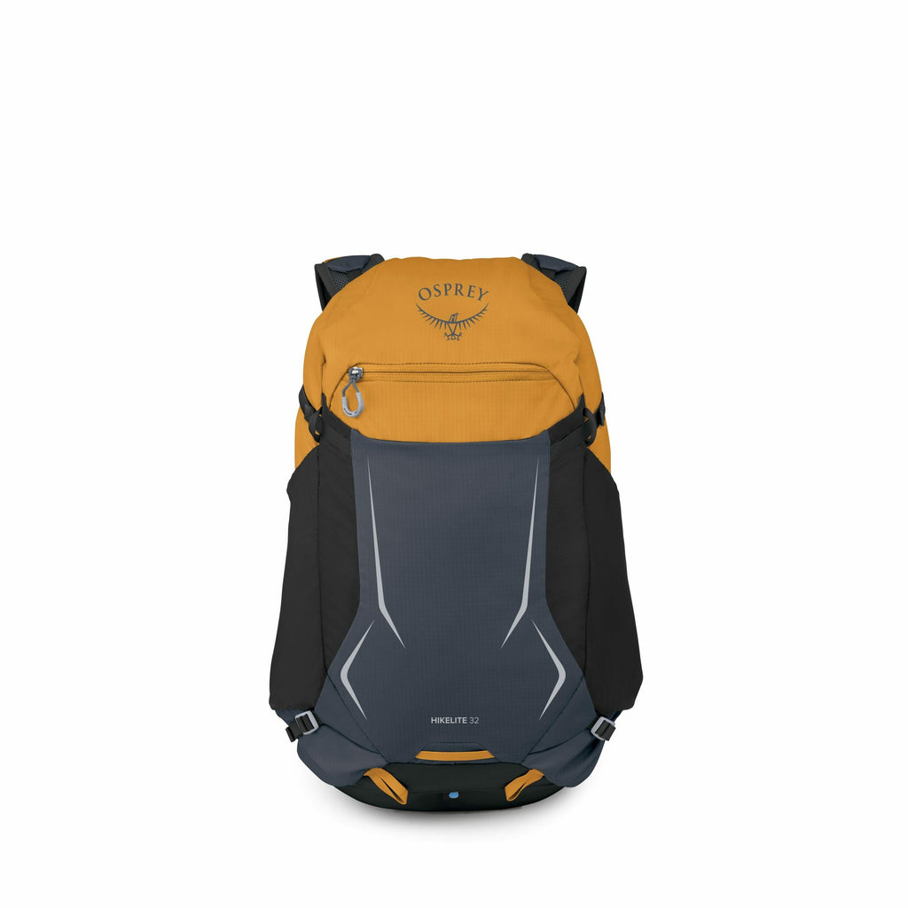 The image features a backpack designed for hiking, known as the Osprey Hikelite 32. The backpack prominently displays the Osprey logo, which includes the name "OSPREY" and a stylized bird emblem. The backpack is a combination of colors, mainly yellow on t