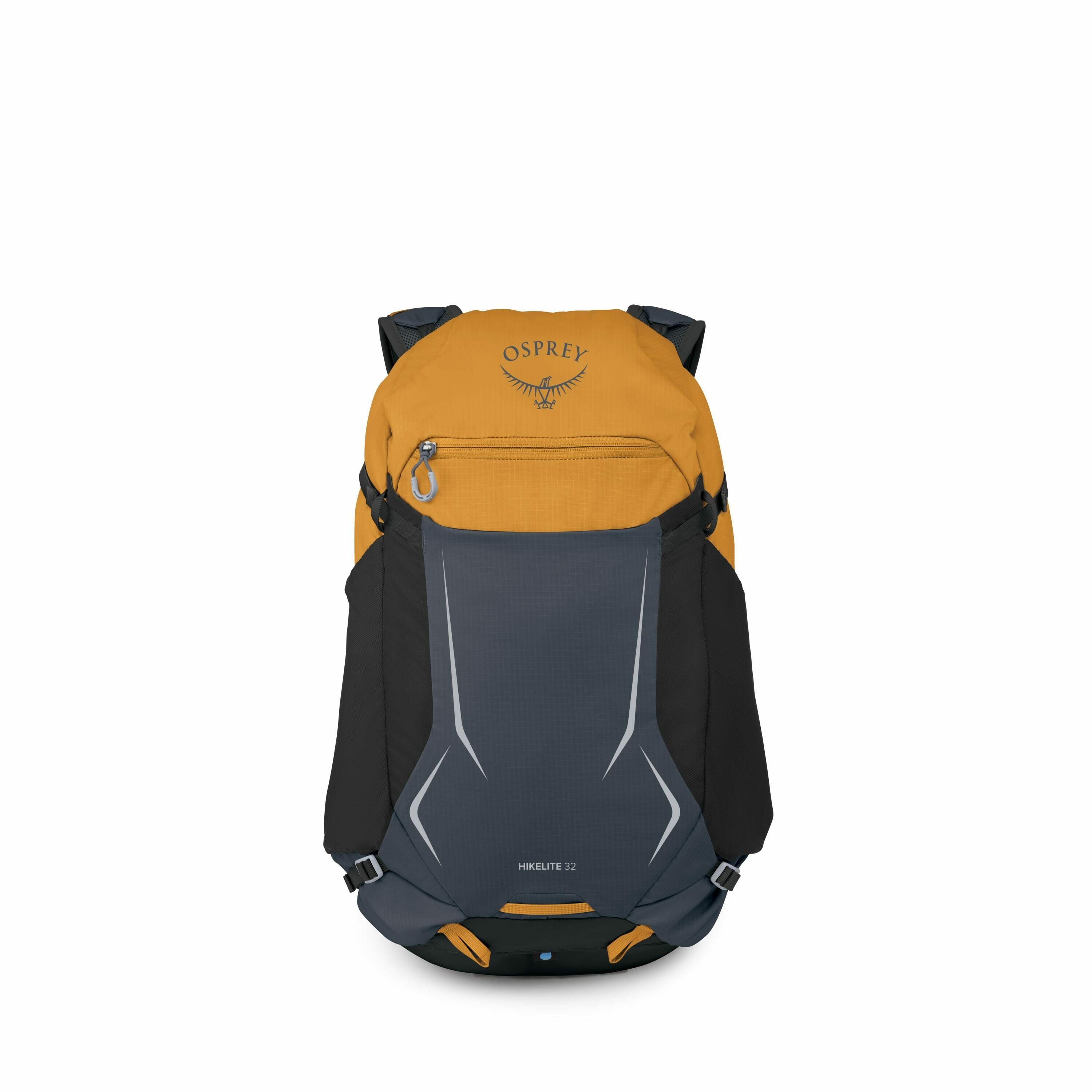 The image features a backpack designed for hiking, known as the Osprey Hikelite 32. The backpack prominently displays the Osprey logo, which includes the name "OSPREY" and a stylized bird emblem. The backpack is a combination of colors, mainly yellow on t