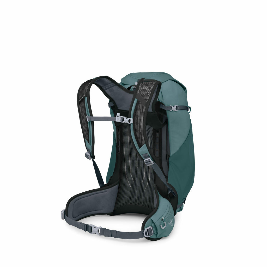 The image shows a teal and gray hiking backpack designed for outdoor activities. The backpack features adjustable shoulder straps, a padded back panel, and a supportive hip belt for enhanced comfort and stability during long treks. There are various compr