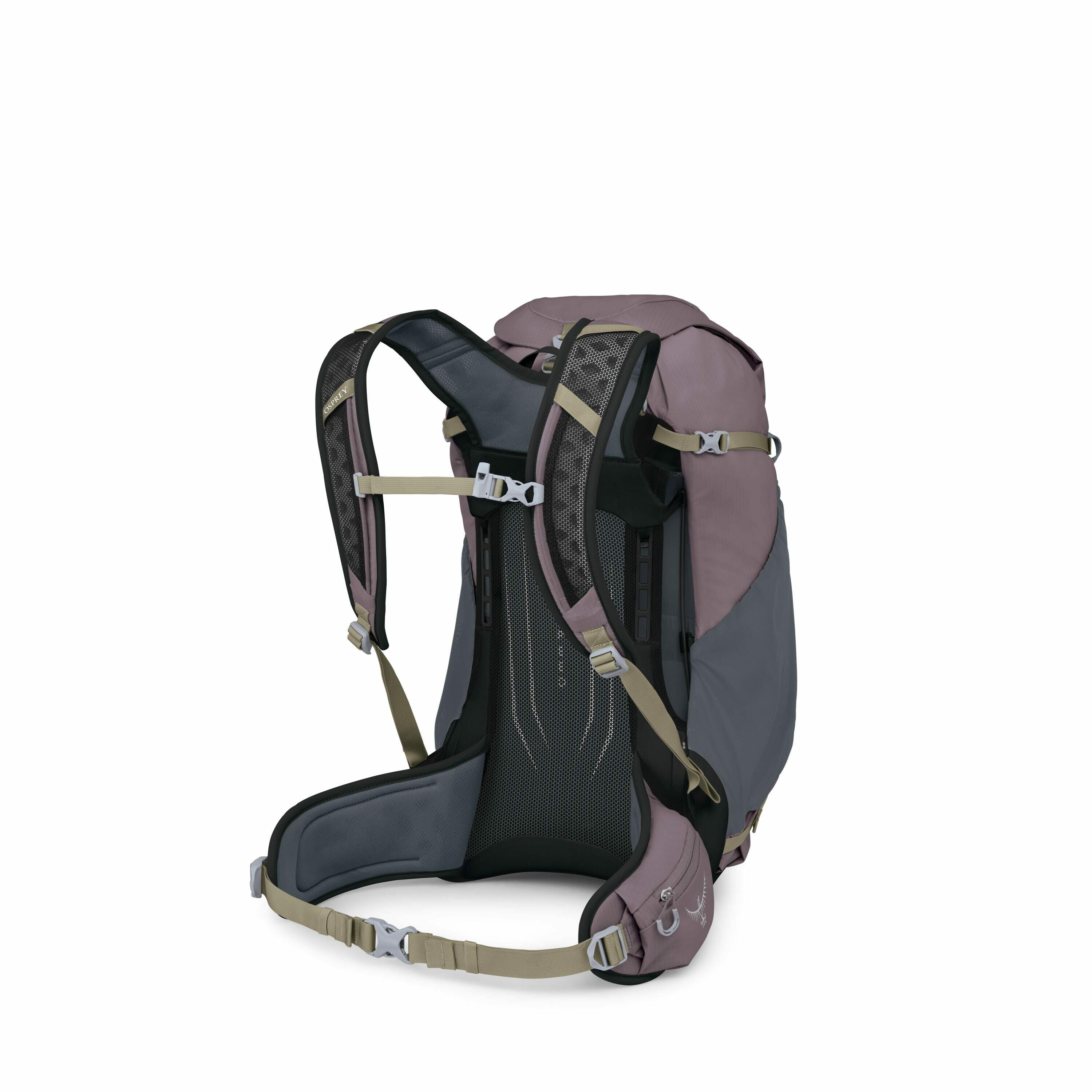 The image showcases a hiking backpack designed for outdoor activities. The backpack features a muted color palette of gray, purple, and light olive, which gives it a modern, earthy appearance. It includes multiple straps and buckles, indicating adjustable