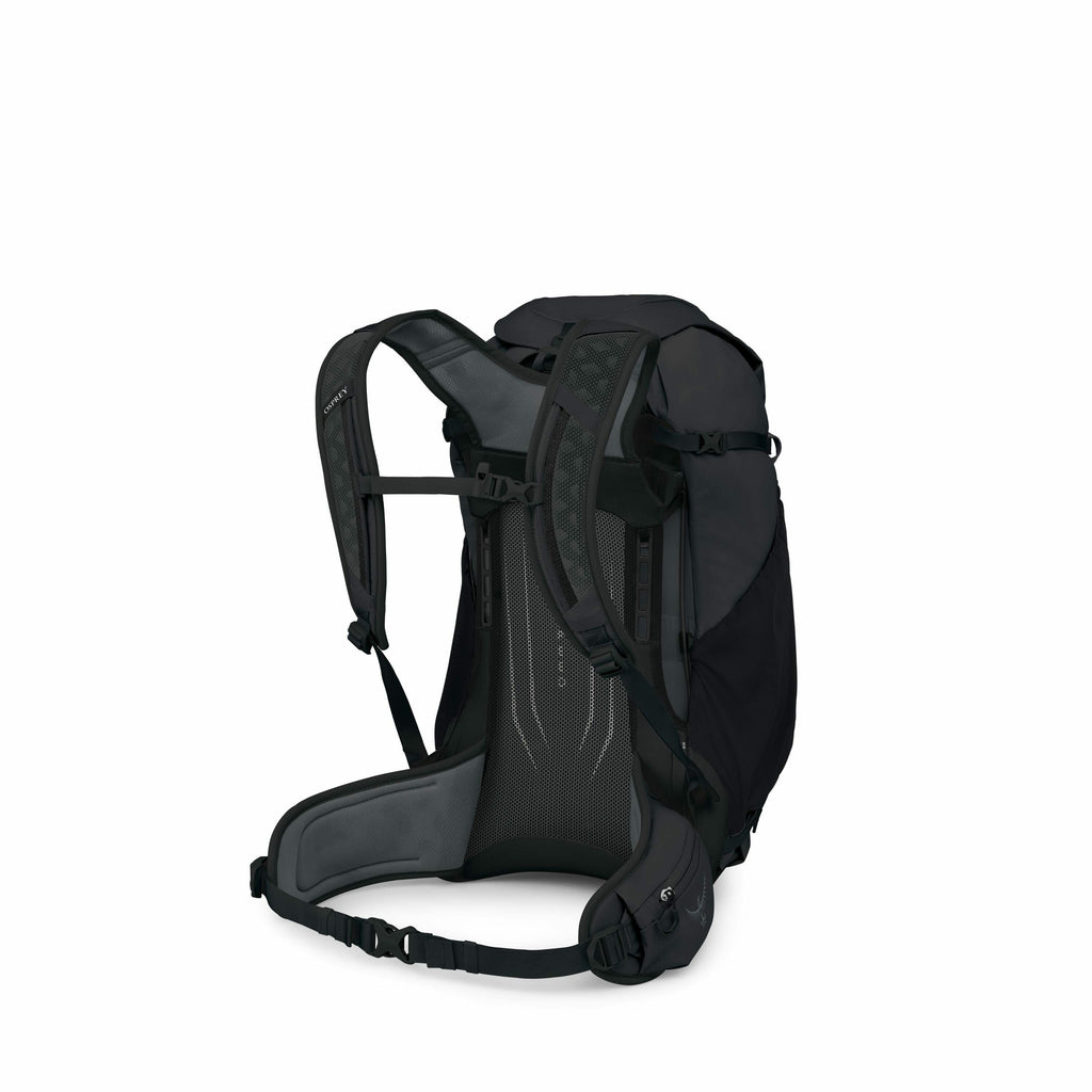 The image shows a dark gray and black backpack, specifically designed for outdoor activities such as hiking or trekking. It features a well-padded back panel with mesh for breathability and comfort, along with adjustable shoulder straps that are ergonomic