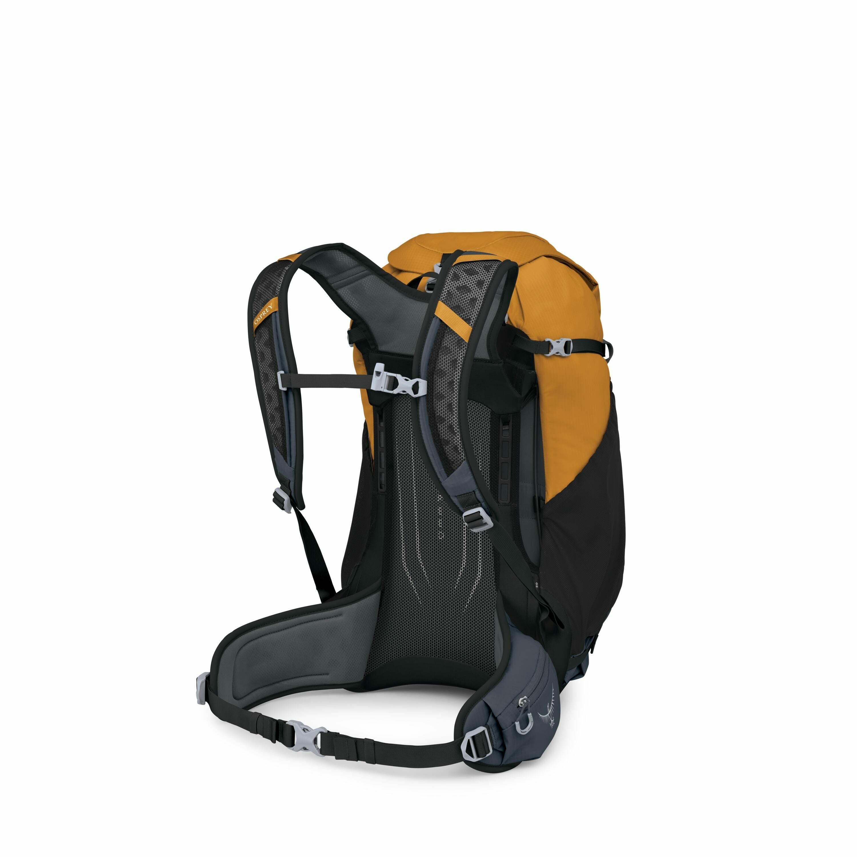 The image showcases a hiking backpack featuring a sophisticated design that combines functionality and style. The backpack is predominantly orange and black, featuring padded shoulder straps and a waist belt for added comfort during hikes. The back panel