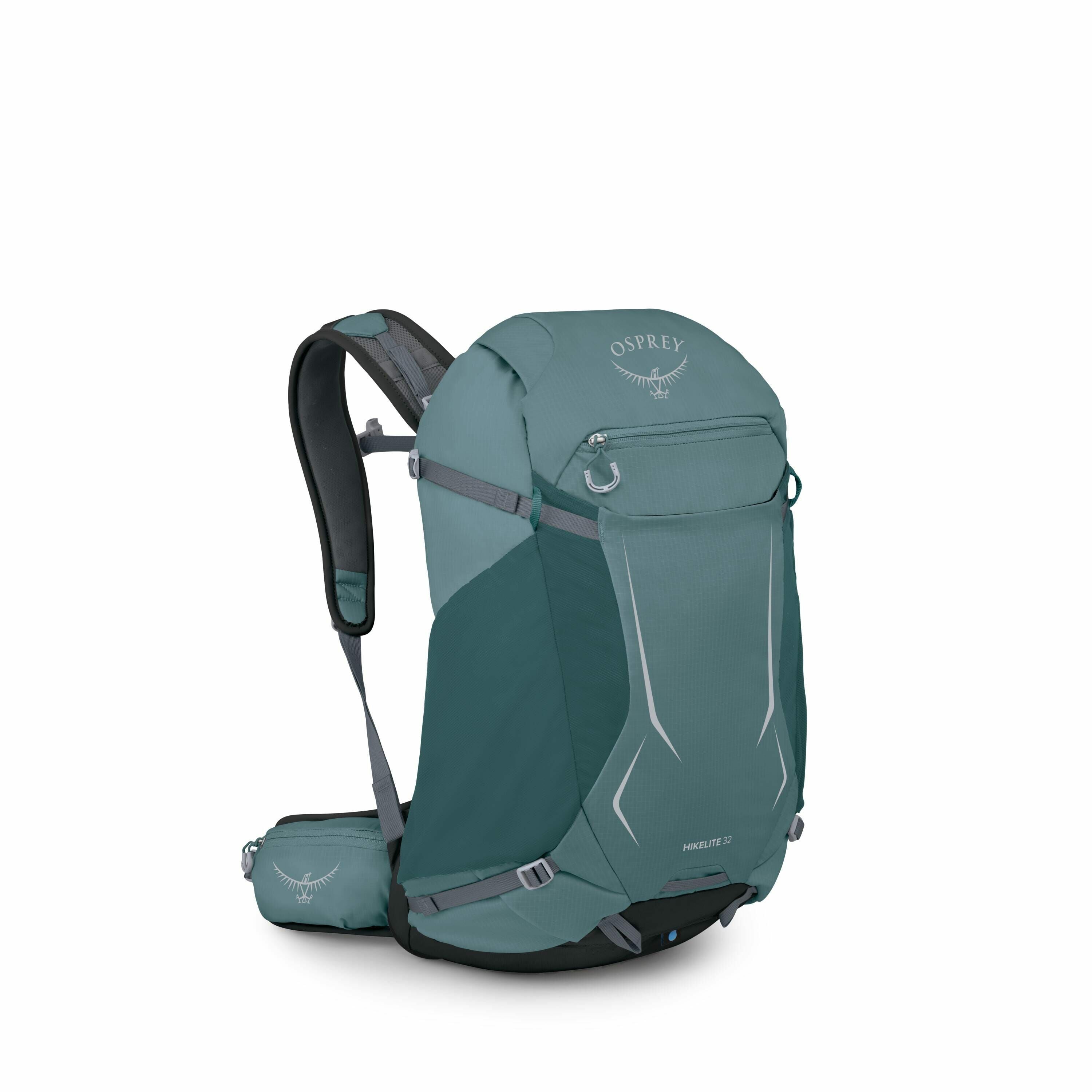 The image features an Osprey Hikelite 32 backpack, primarily in a teal color with a darker shade on the sides and bottom. The backpack showcases the Osprey logo prominently on the upper section, which consists of a stylized bird with outstretched wings an